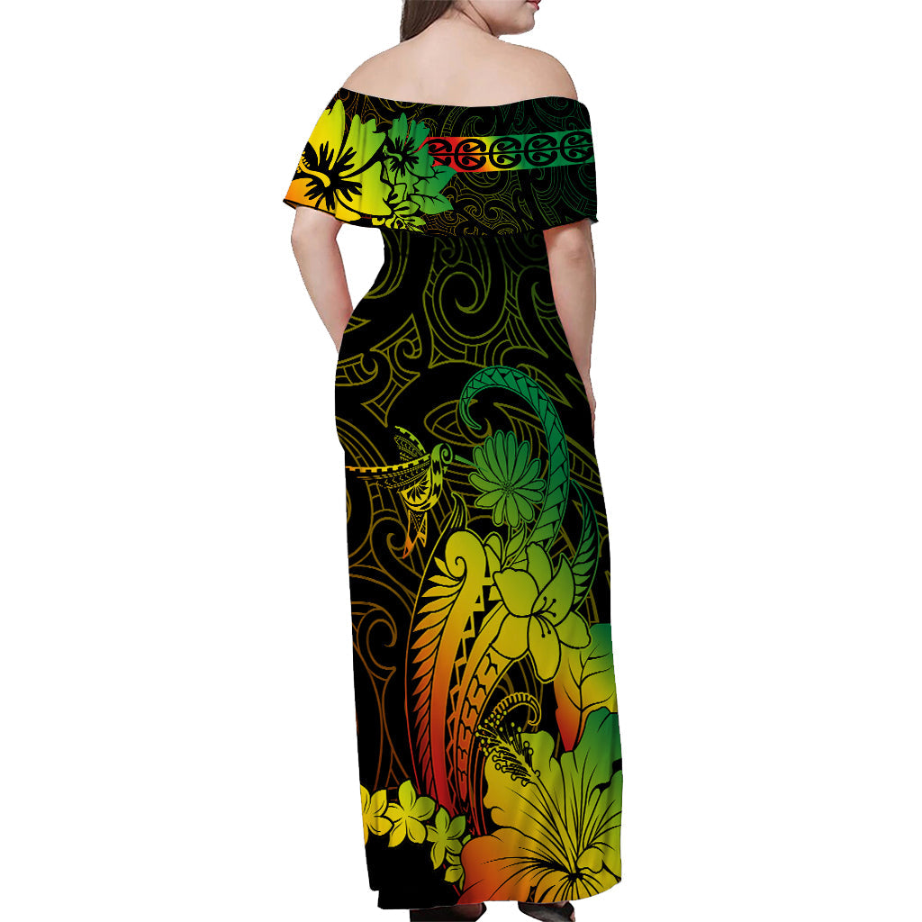 (Custom Personalised) New Zealand Off Shoulder Long Dress Maori Pattern Gold LT13