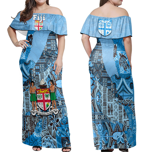 Fiji Flag & Coat Of Arms Off Shoulder Long Dress