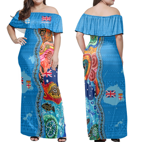 Fiji Tapa & Australia Aboriginal Off Shoulder Long Dress