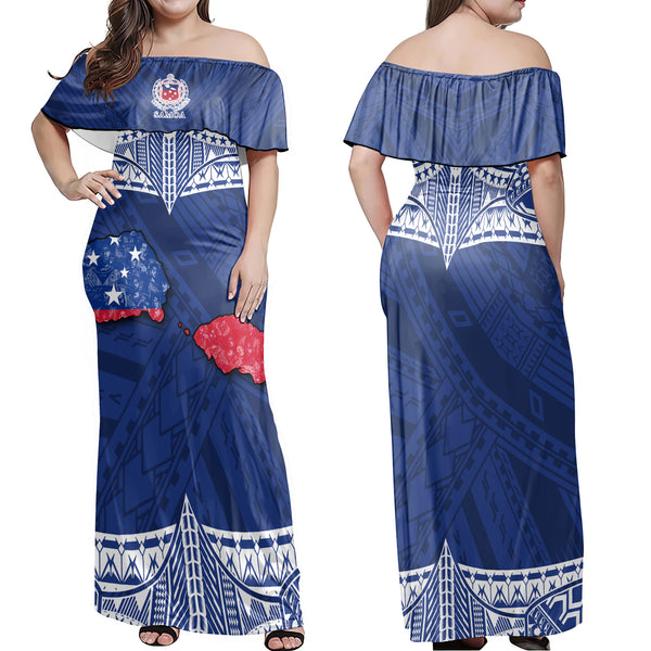 Samoa TOA Rugby Off Shoulder Long Dress Map Style