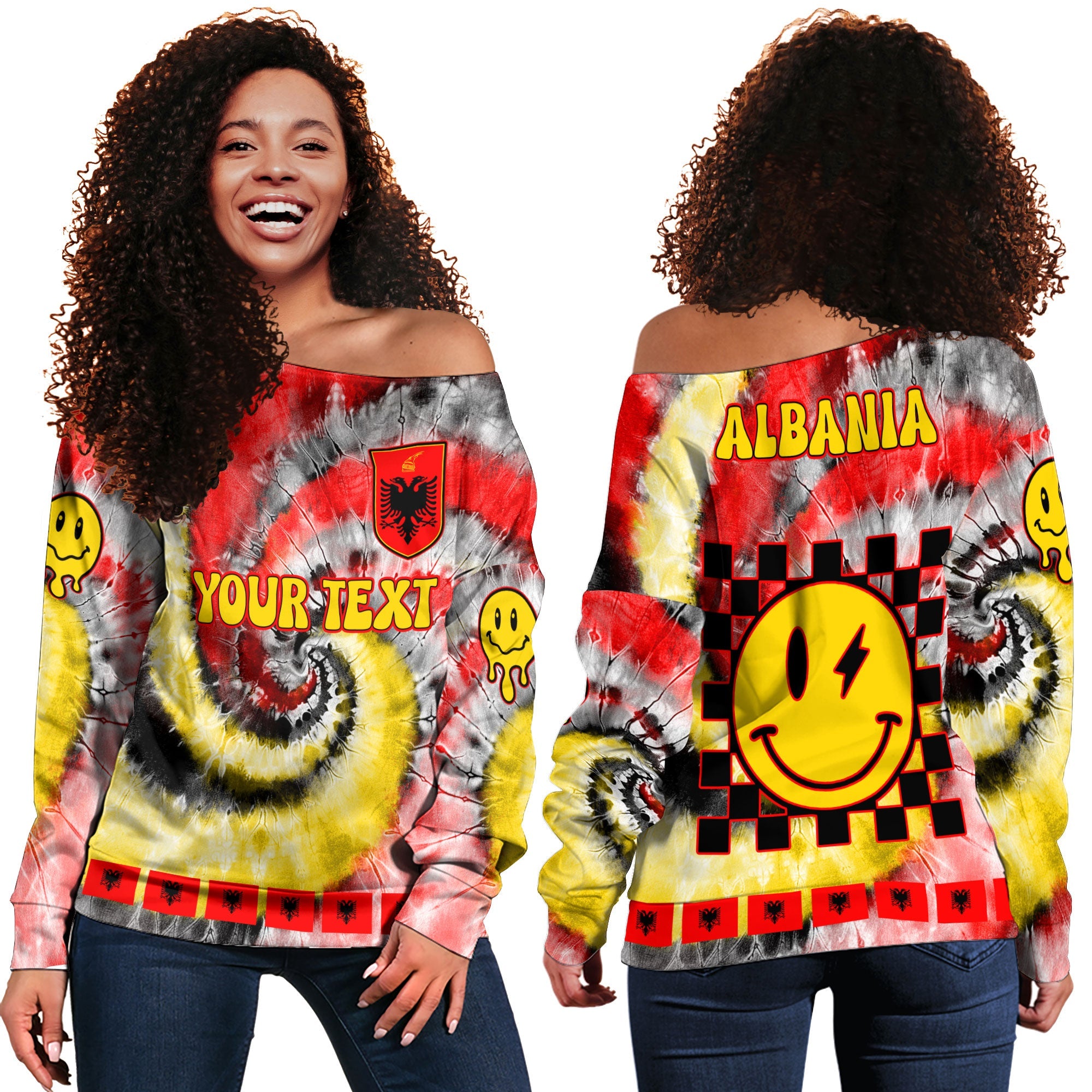 Albania Women Off Shoulder Sweatshirt Custom Tie Dye Style 2