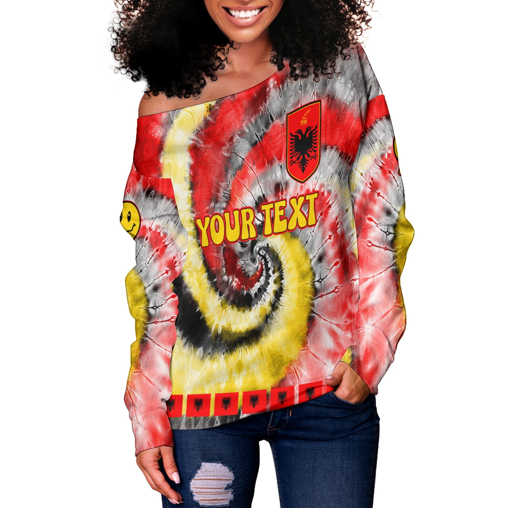 Albania Women Off Shoulder Sweatshirt Custom Tie Dye Style 3