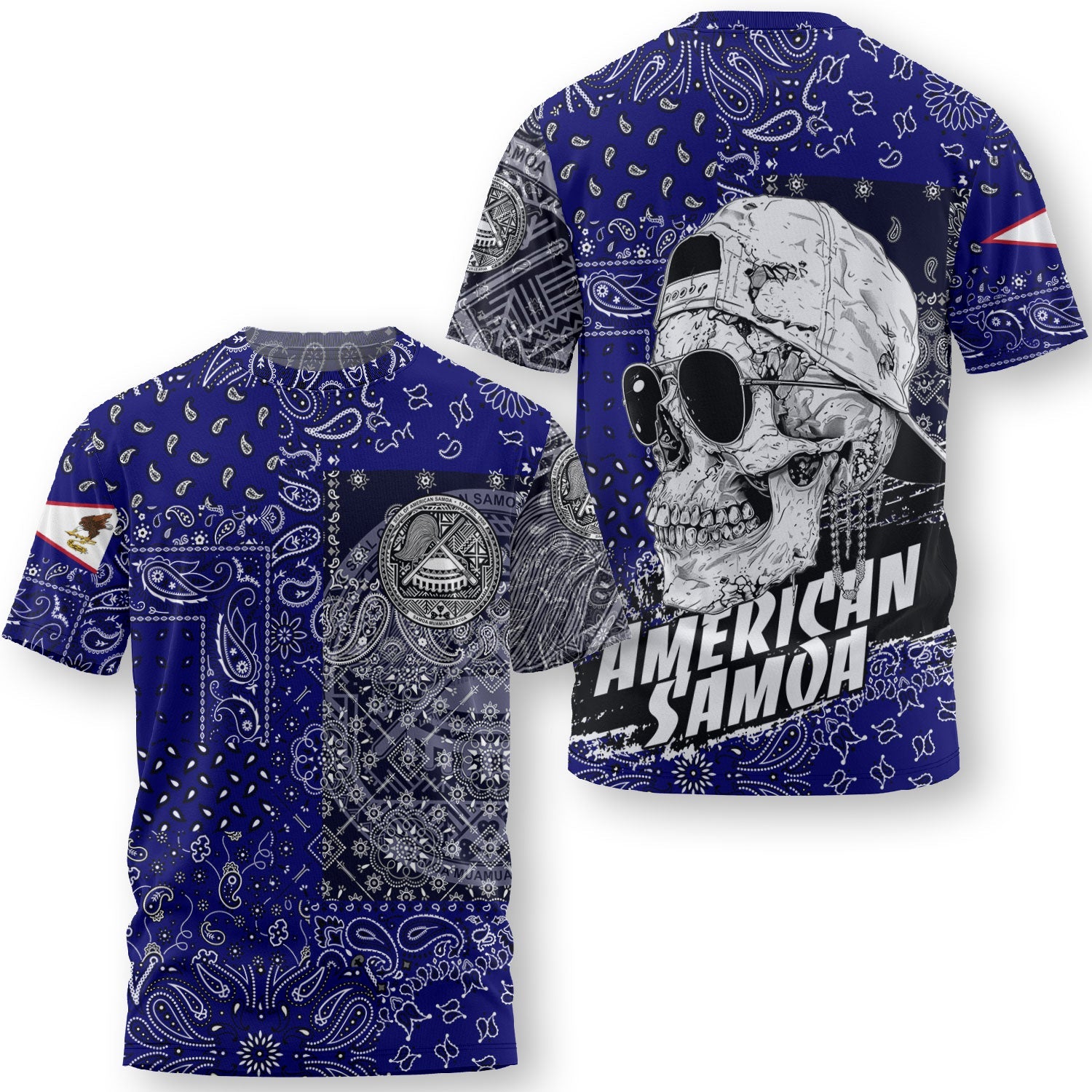 American Samoa T Shirt Paisley Flag And Skull Style 3