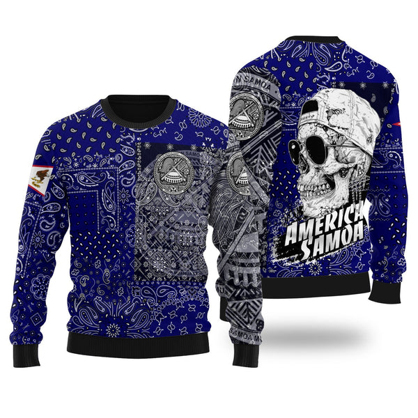 American Samoa Ugly Sweater Paisley Flag And Skull Style 1