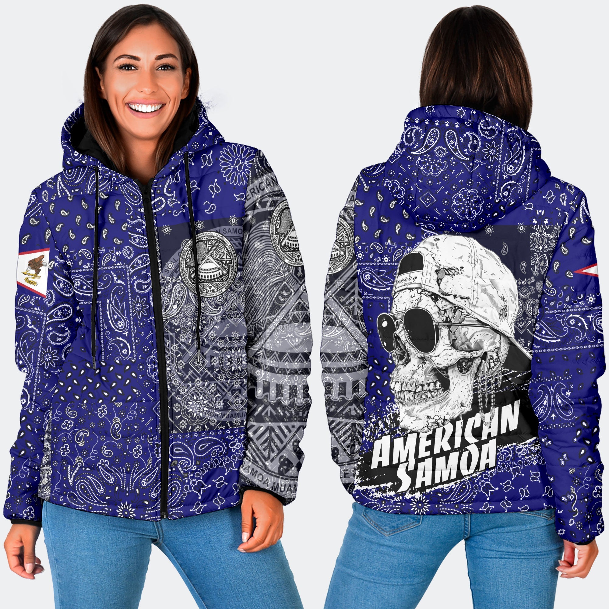 American Samoa Women Hooded Padded Jacket Paisley Flag And Skull Style 3