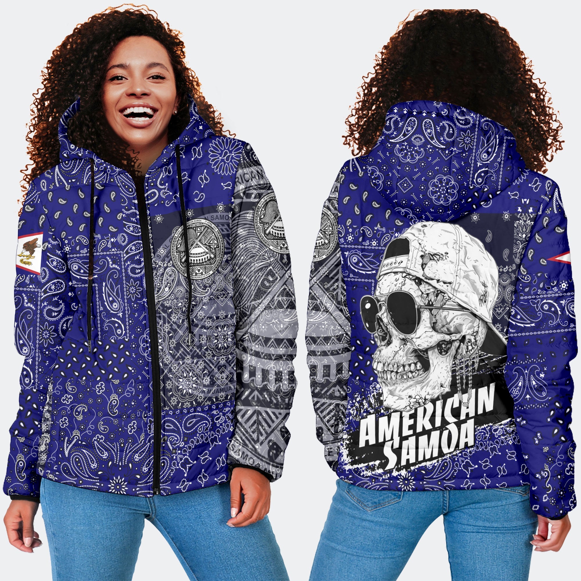 American Samoa Women Hooded Padded Jacket Paisley Flag And Skull Style 4