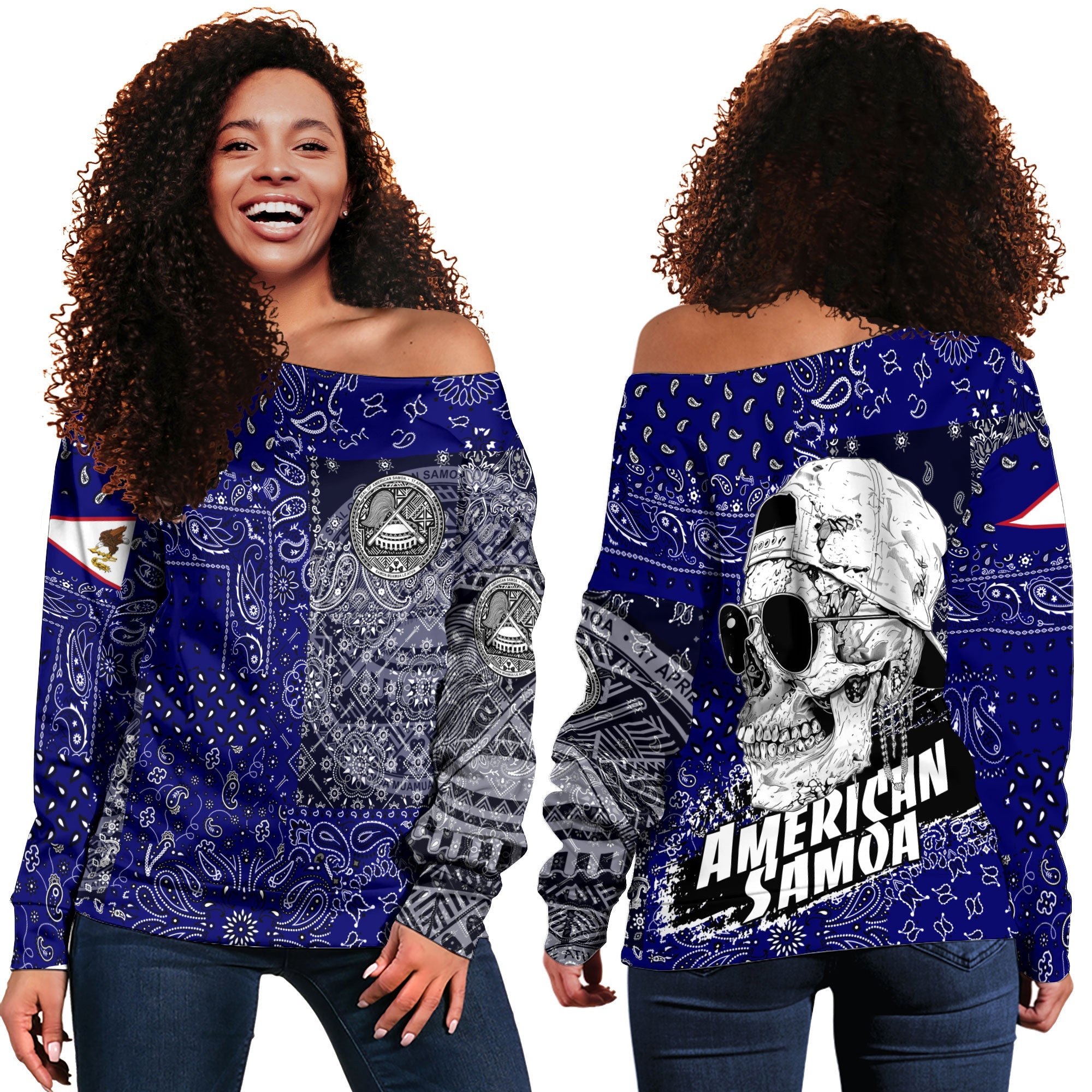 American Samoa Women Off Shoulder Sweatshirt Paisley Flag And Skull Style 1