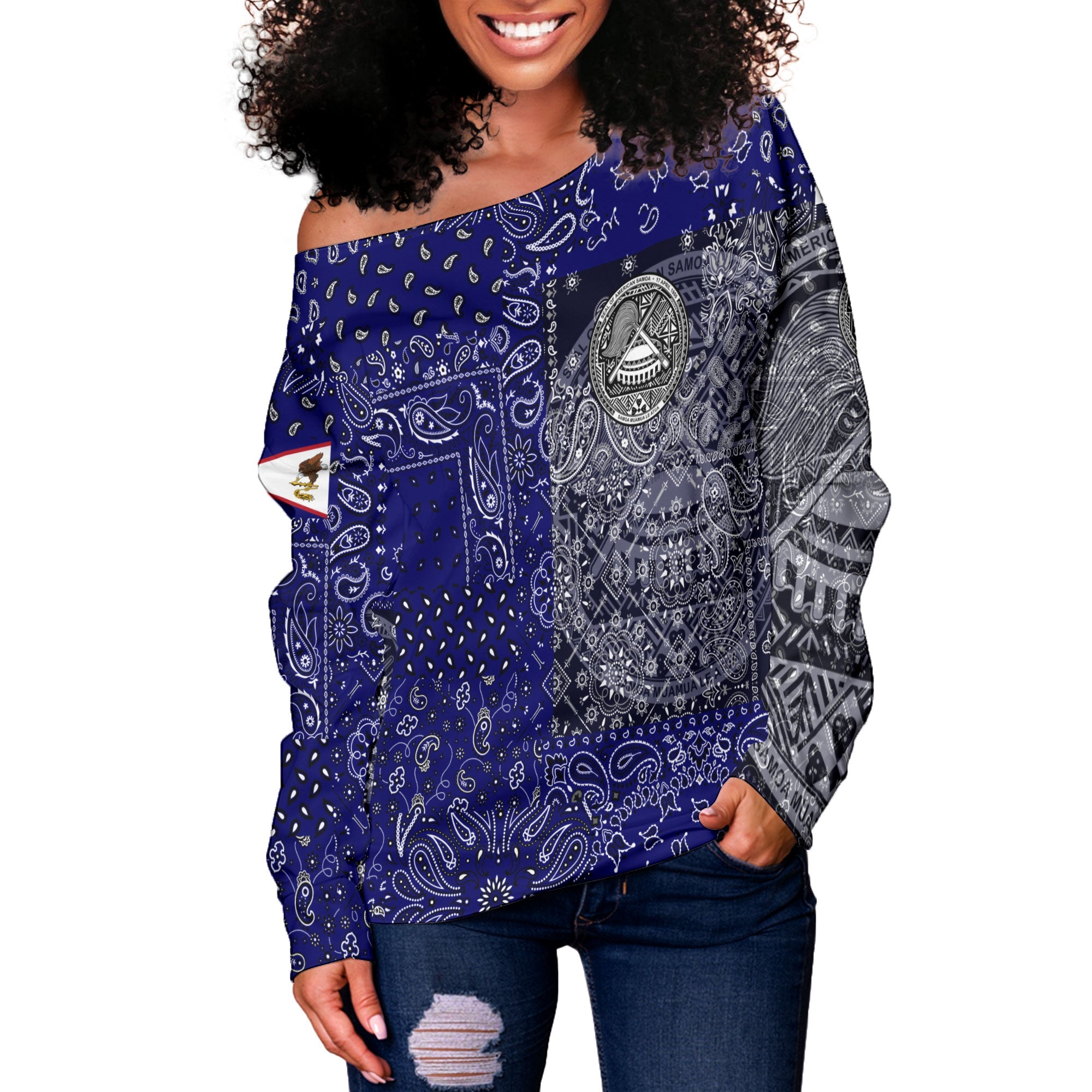 American Samoa Women Off Shoulder Sweatshirt Paisley Flag And Skull Style 2