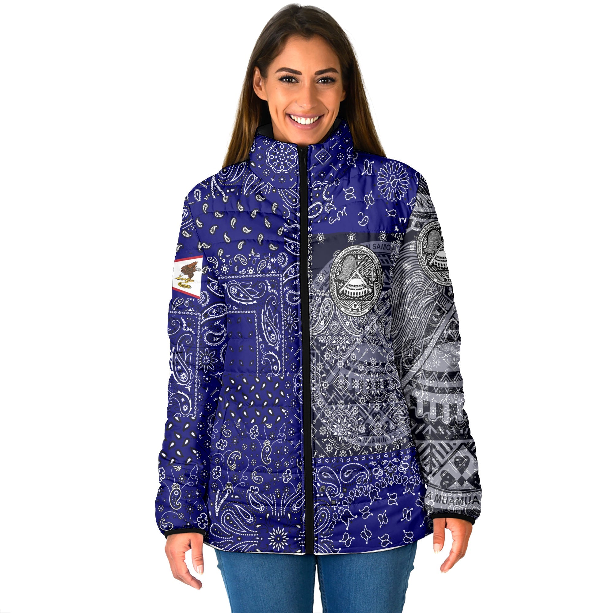 American Samoa Women Padded Jacket Paisley Flag And Skull Style 1