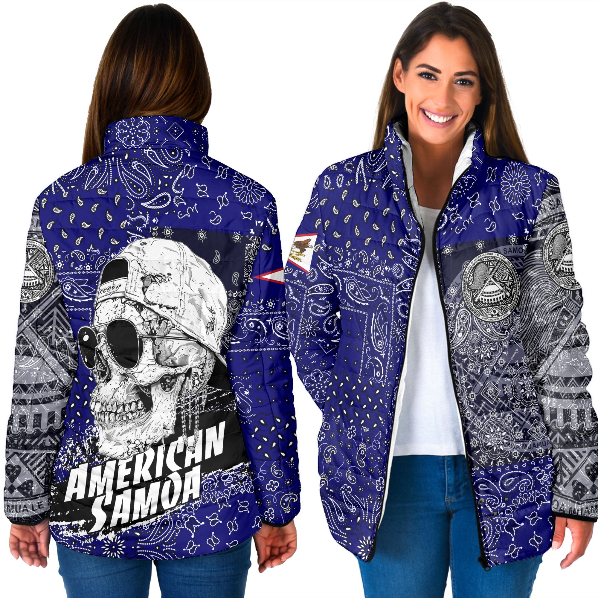 American Samoa Women Padded Jacket Paisley Flag And Skull Style 3