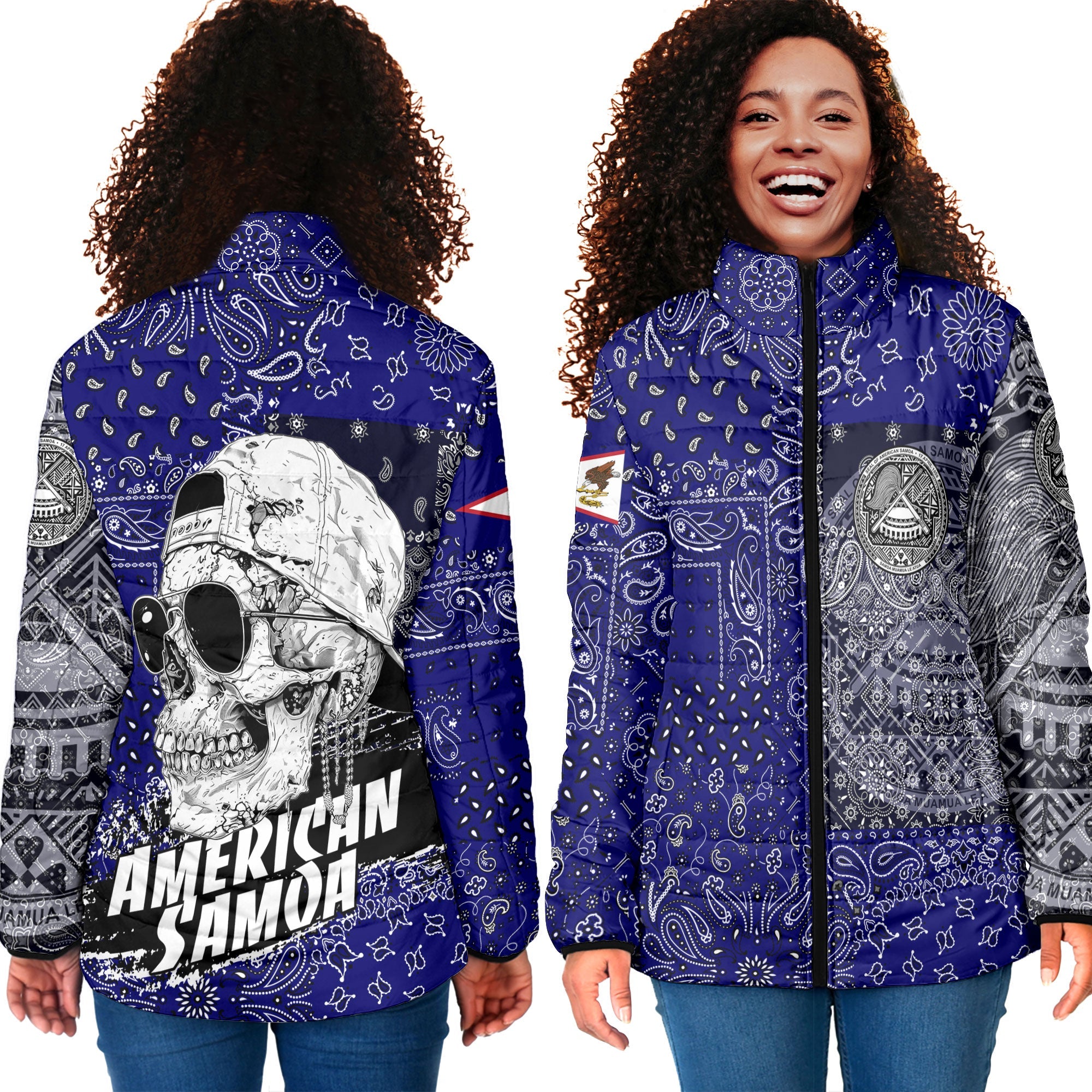 American Samoa Women Padded Jacket Paisley Flag And Skull Style 4