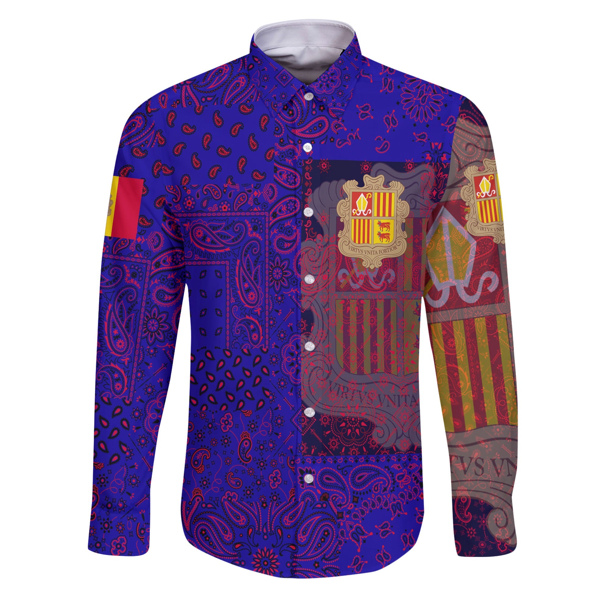 Andorra Long Sleeve Button Shirt Paisley Flag And Skull Style 1