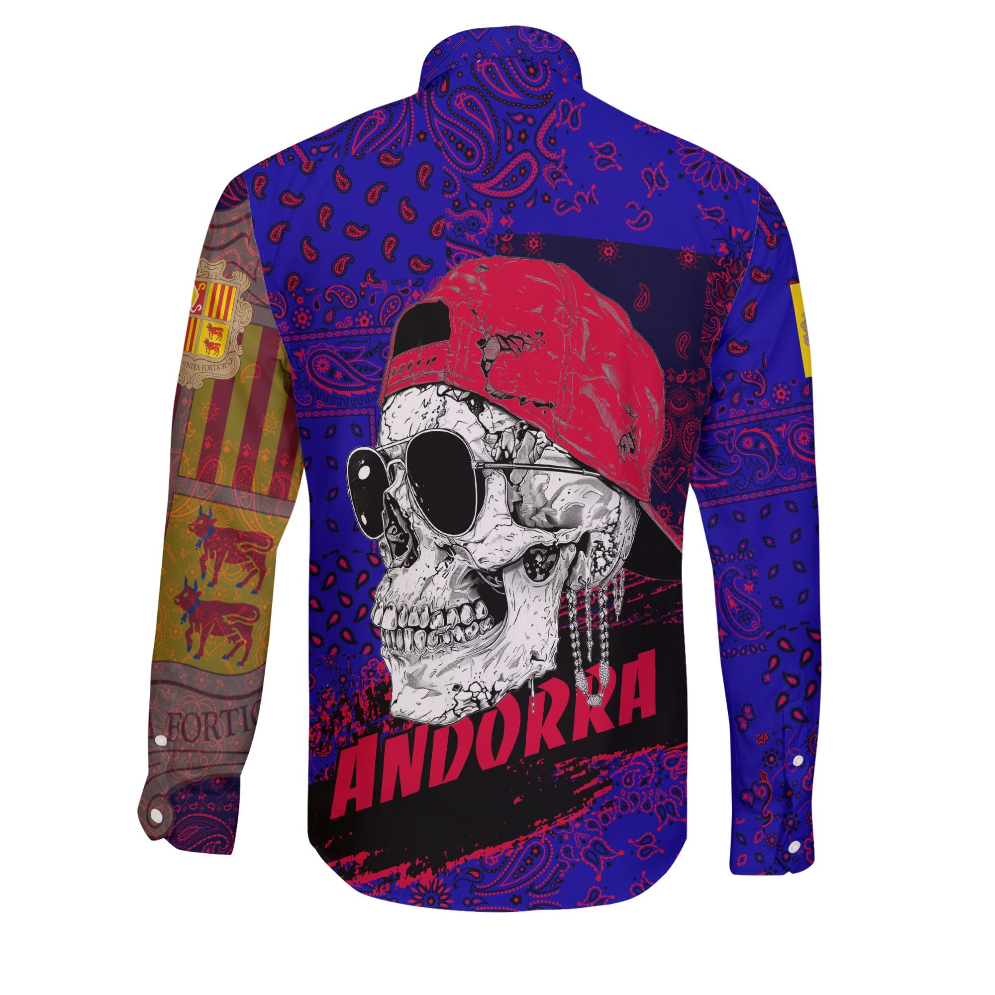 Andorra Long Sleeve Button Shirt Paisley Flag And Skull Style 2