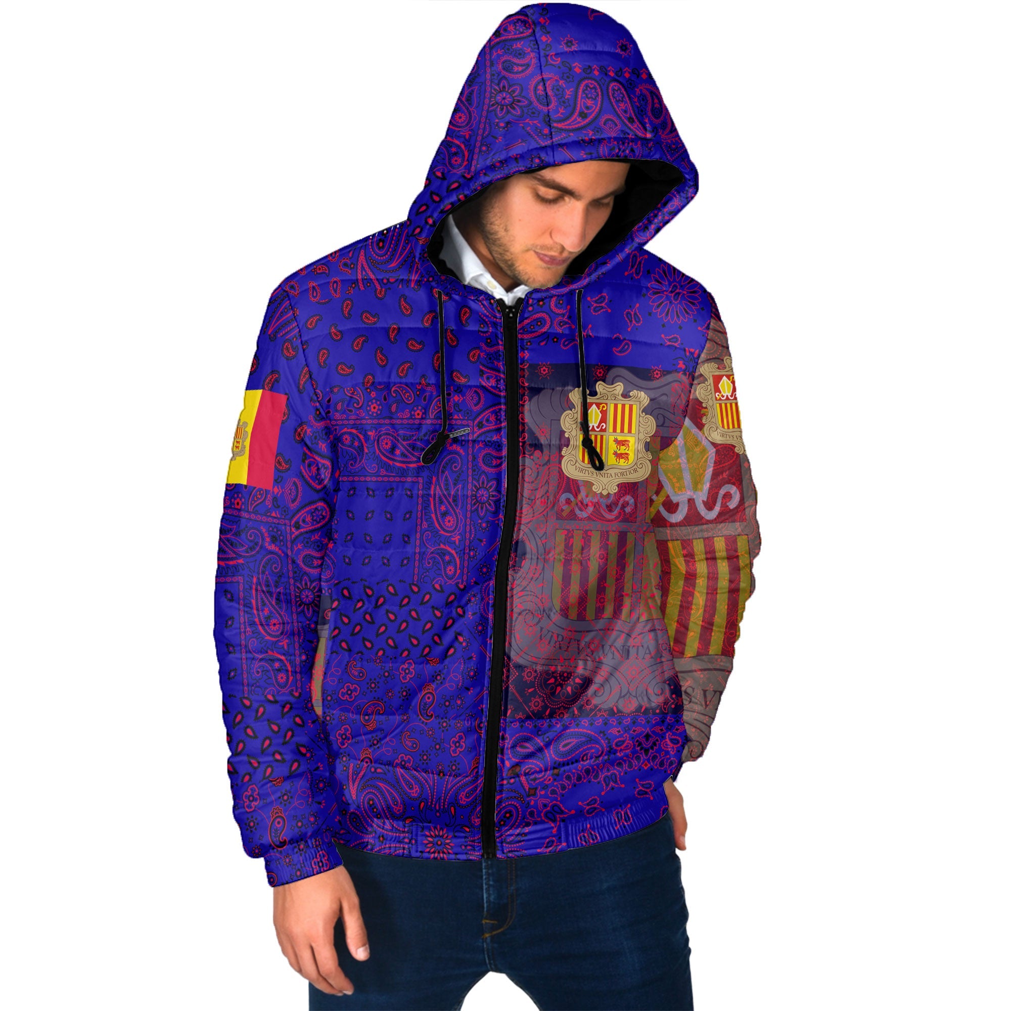 Andorra Men Hooded Padded Jacket Paisley Flag And Skull Style 2