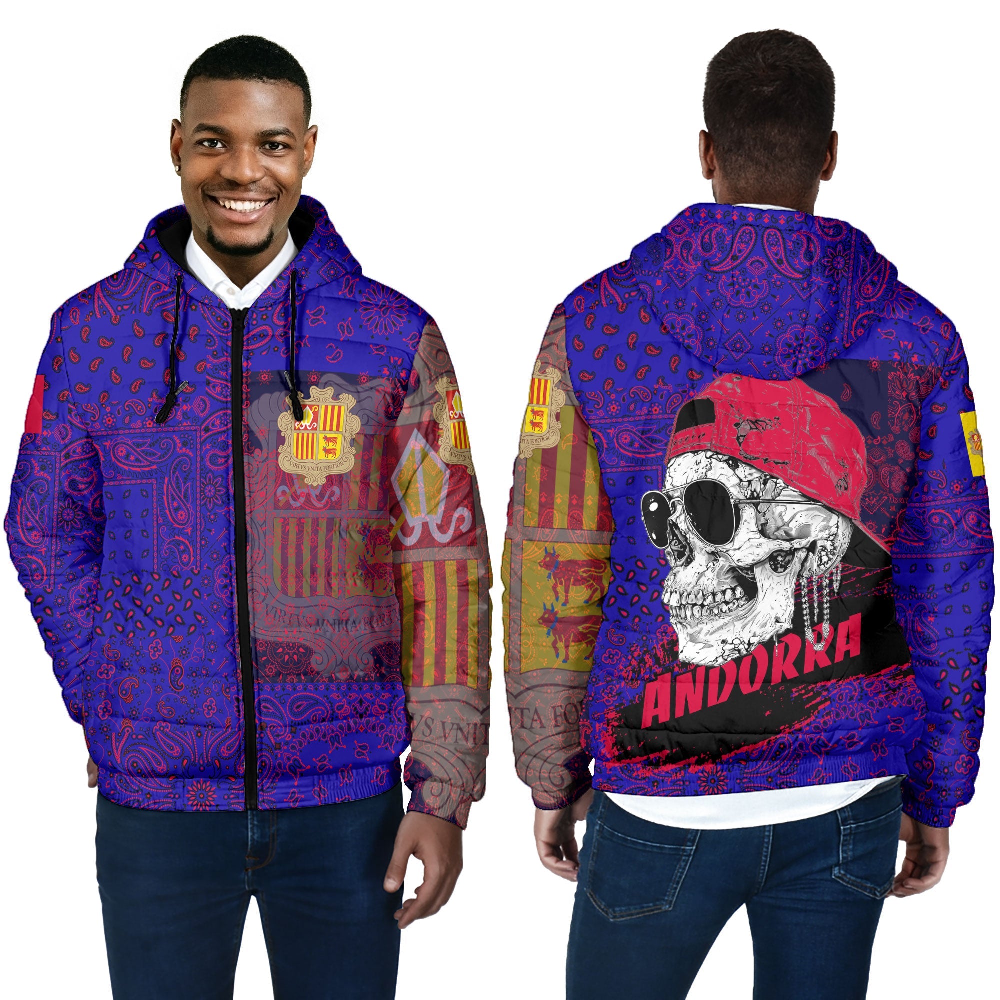 Andorra Men Hooded Padded Jacket Paisley Flag And Skull Style 4