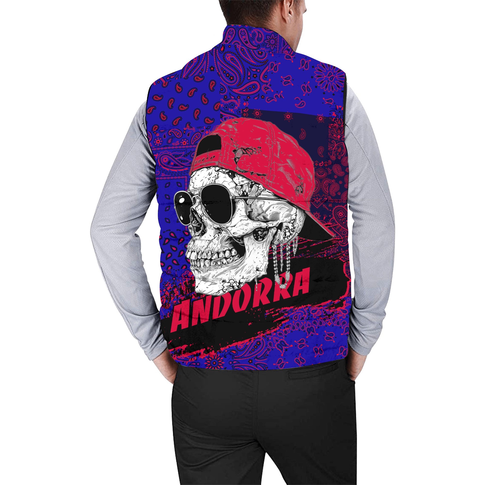 Andorra Men Padded Jacket Vest Paisley Flag And Skull Style 2