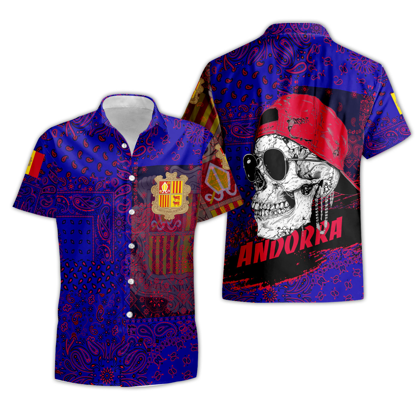 Andorra Short Sleeve Shirt Paisley Flag And Skull Style 3