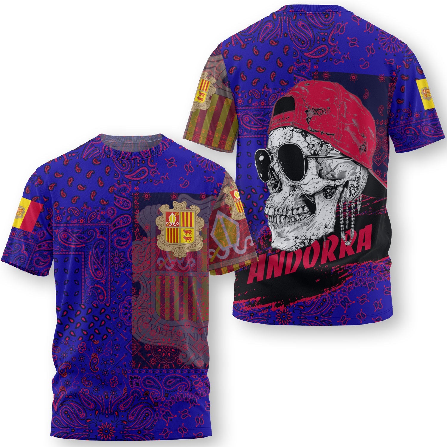 Andorra T Shirt Paisley Flag And Skull Style 3