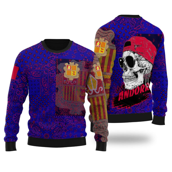 Andorra Ugly Sweater Paisley Flag And Skull Style 1