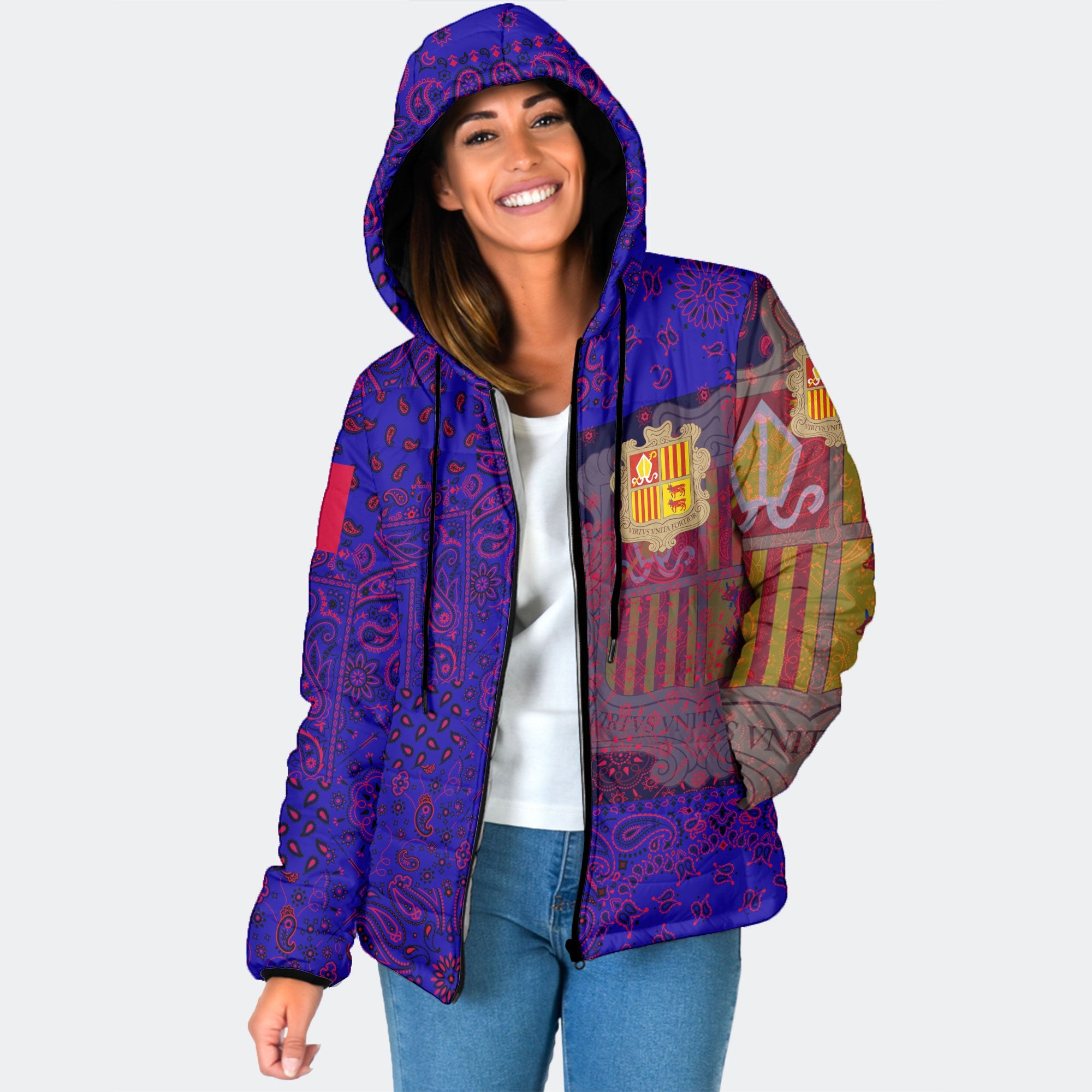 Andorra Women Hooded Padded Jacket Paisley Flag And Skull Style 1