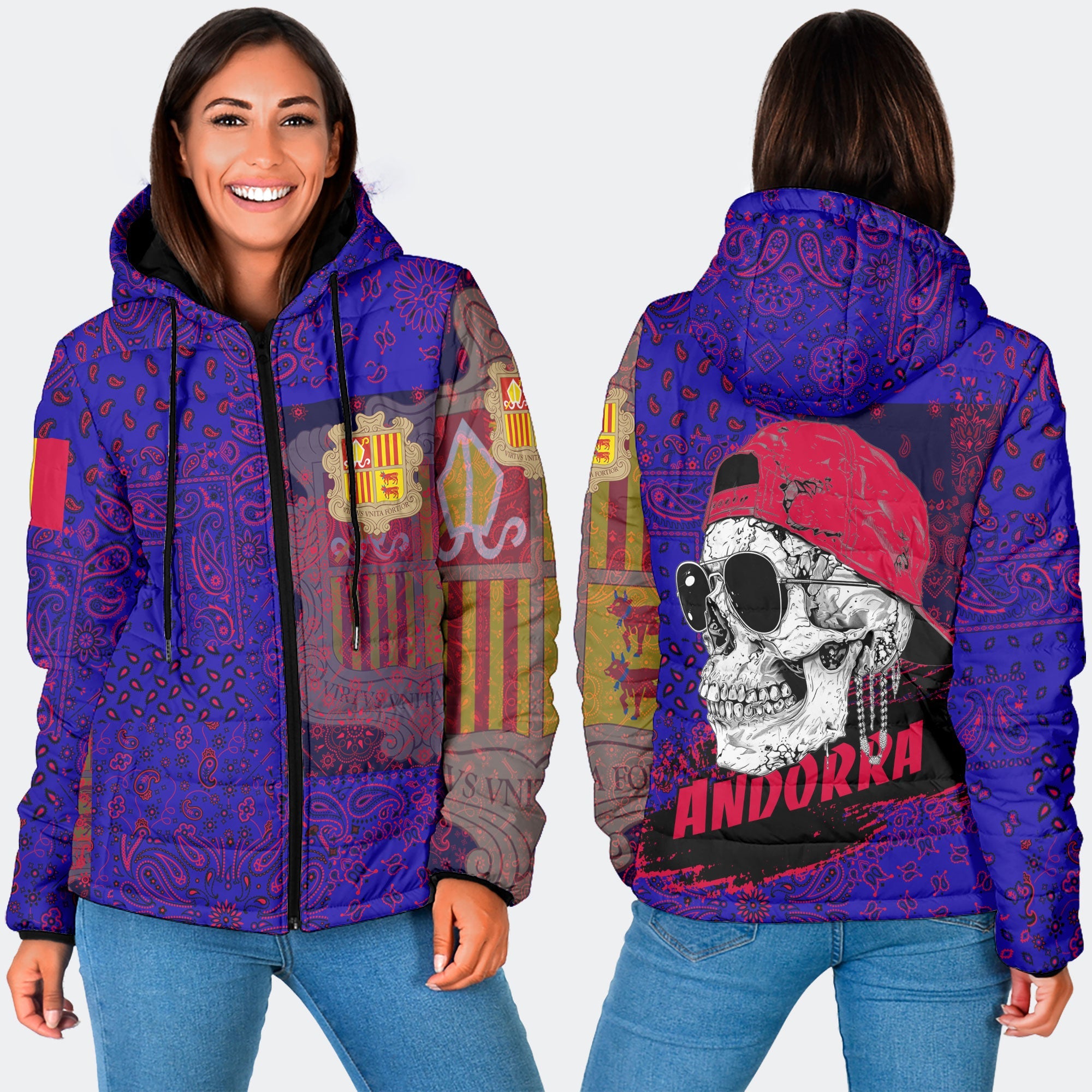 Andorra Women Hooded Padded Jacket Paisley Flag And Skull Style 3