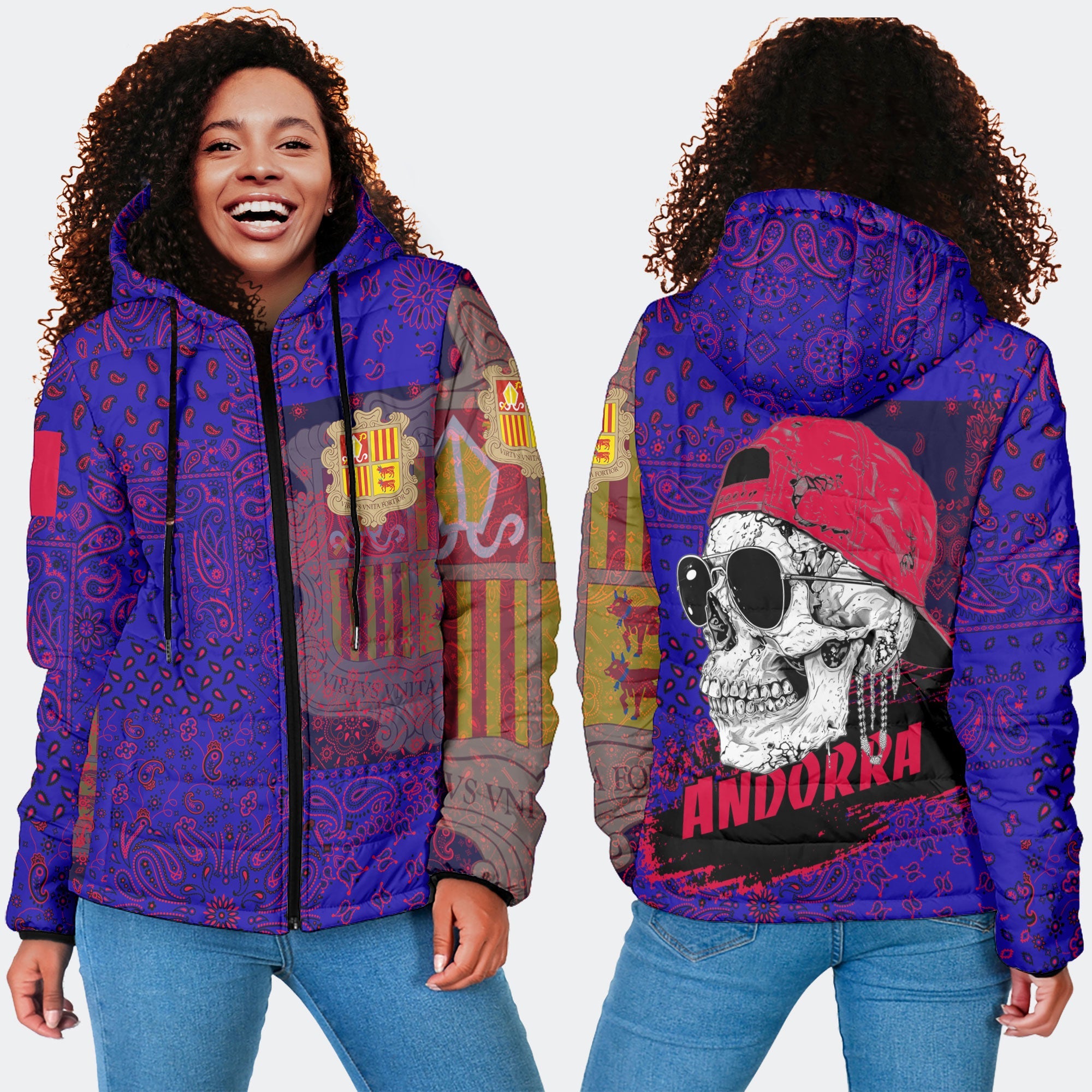 Andorra Women Hooded Padded Jacket Paisley Flag And Skull Style 4