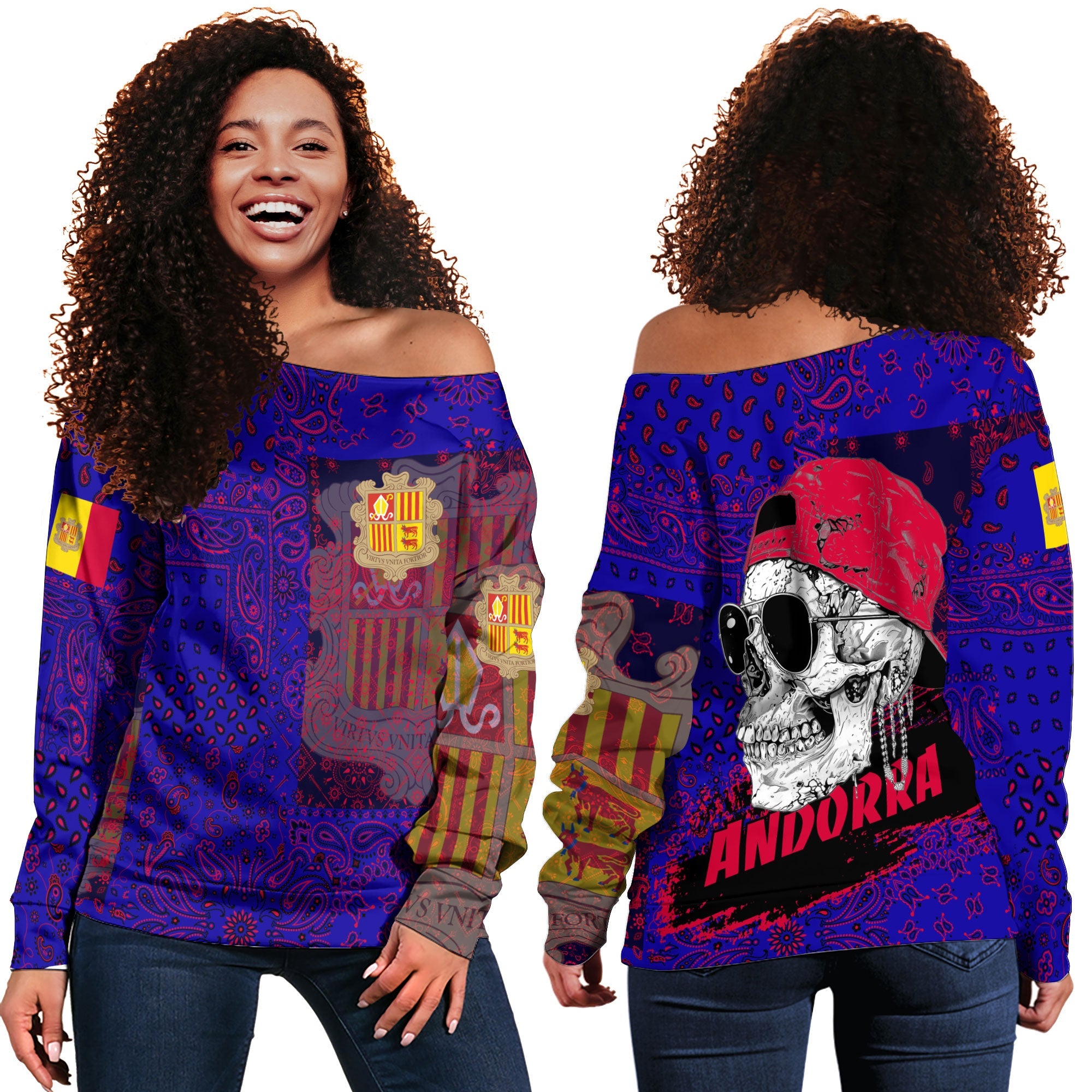 Andorra Women Off Shoulder Sweatshirt Paisley Flag And Skull Style 1