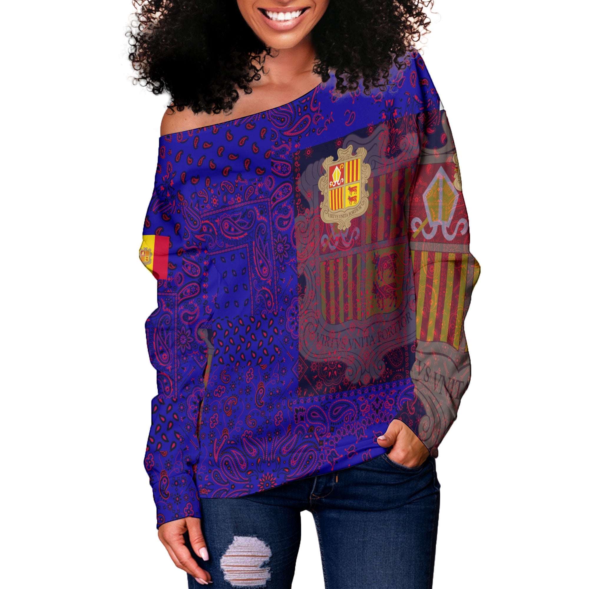 Andorra Women Off Shoulder Sweatshirt Paisley Flag And Skull Style 2