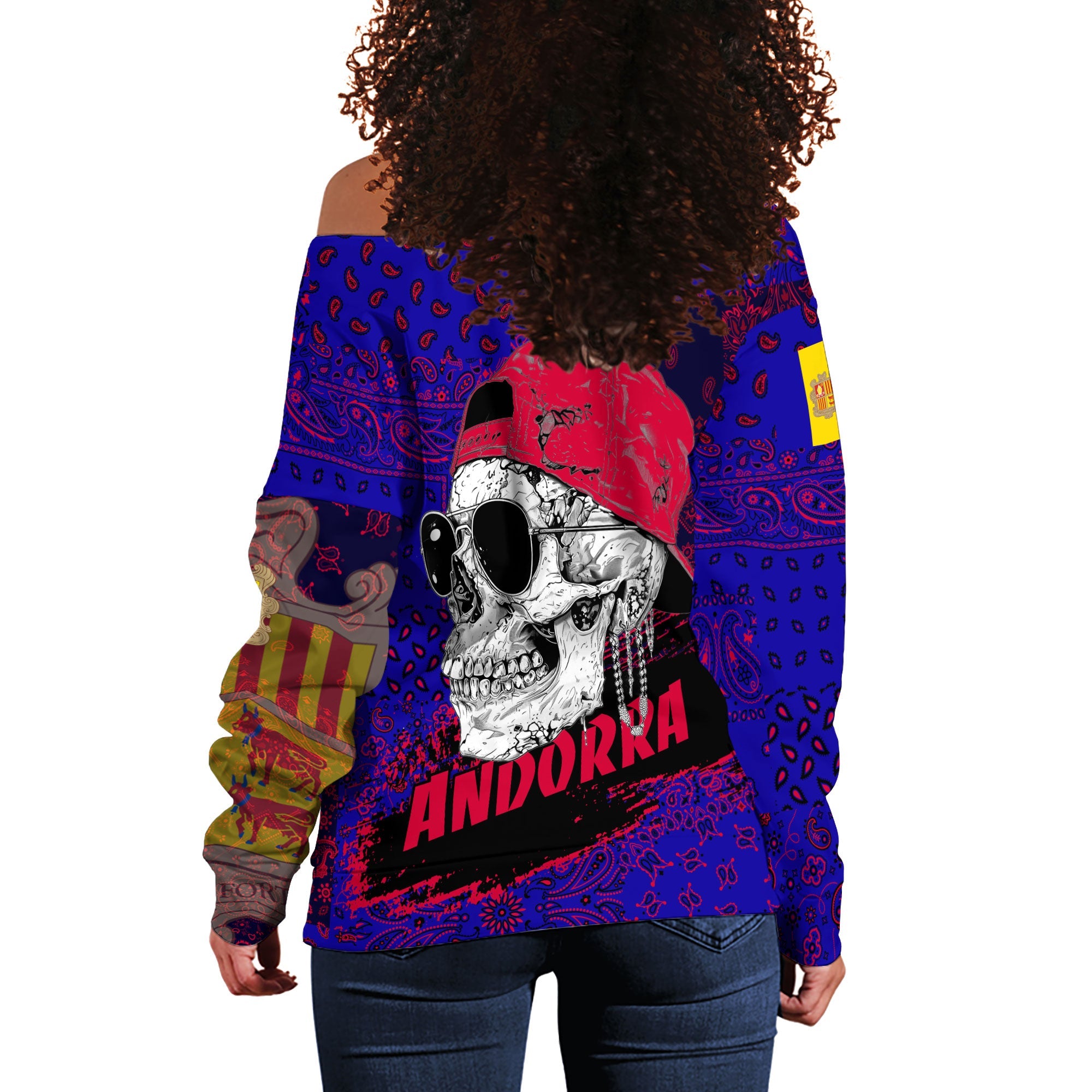 Andorra Women Off Shoulder Sweatshirt Paisley Flag And Skull Style 3