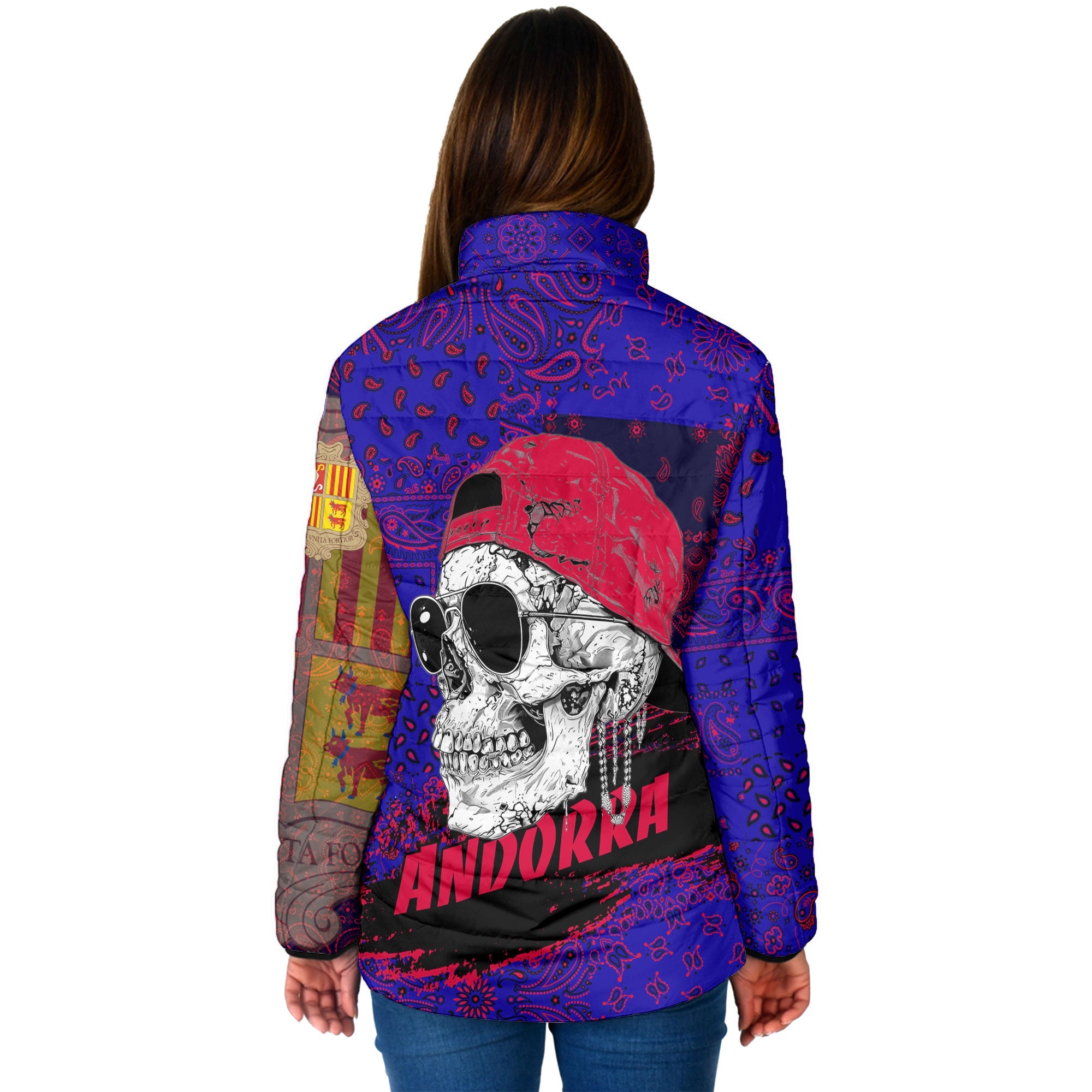 Andorra Women Padded Jacket Paisley Flag And Skull Style 2