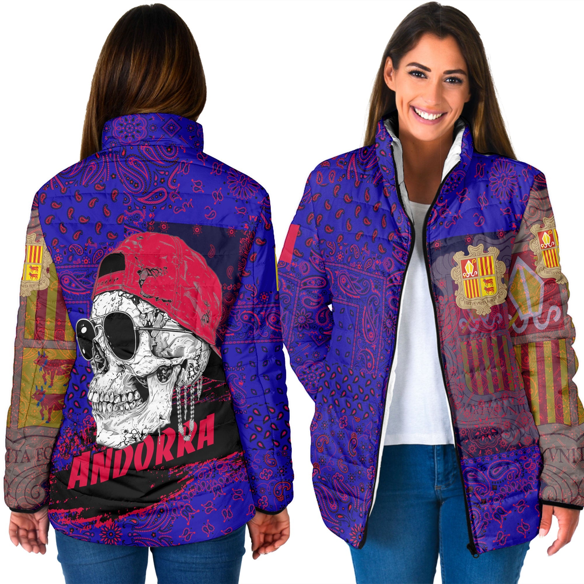 Andorra Women Padded Jacket Paisley Flag And Skull Style 3