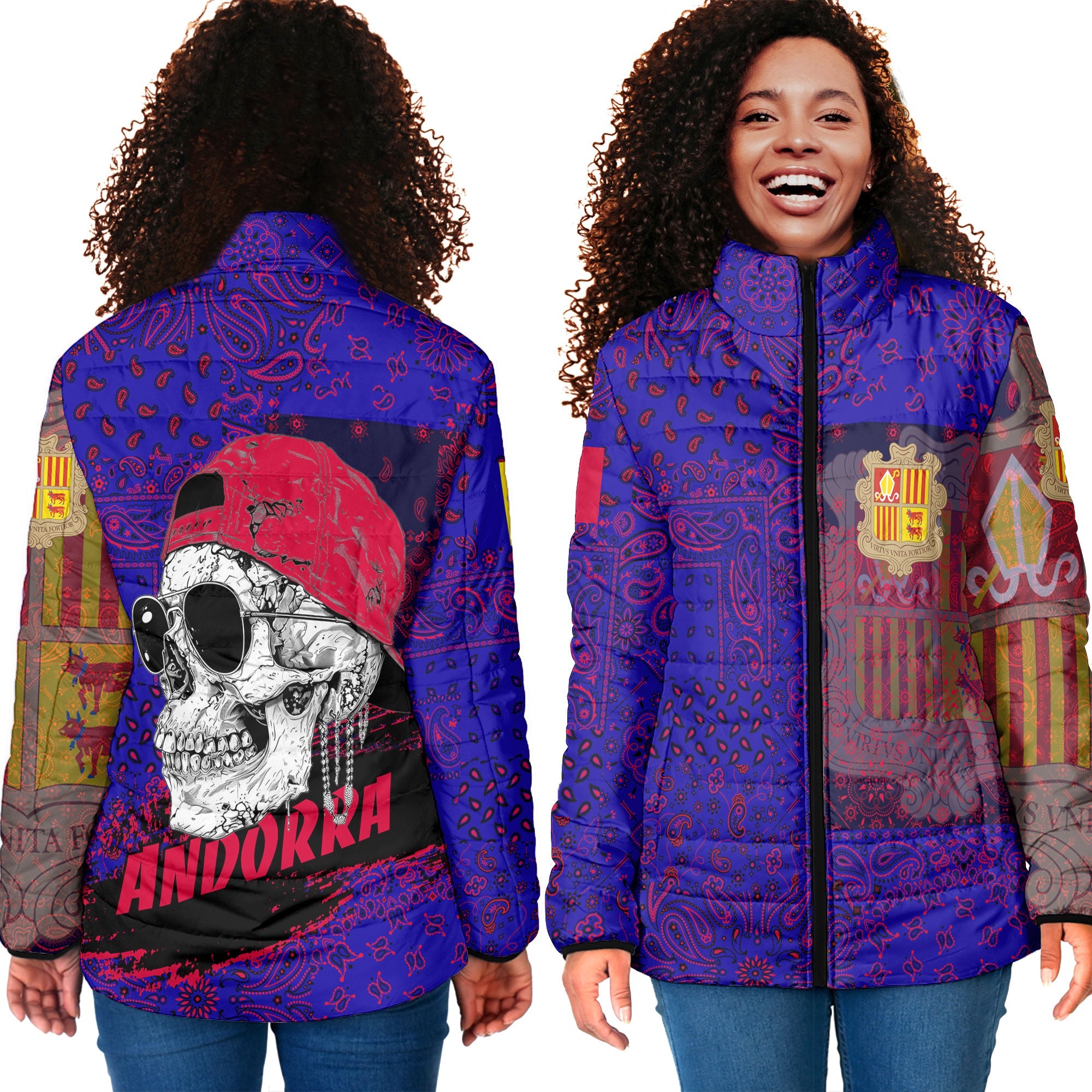 Andorra Women Padded Jacket Paisley Flag And Skull Style 4