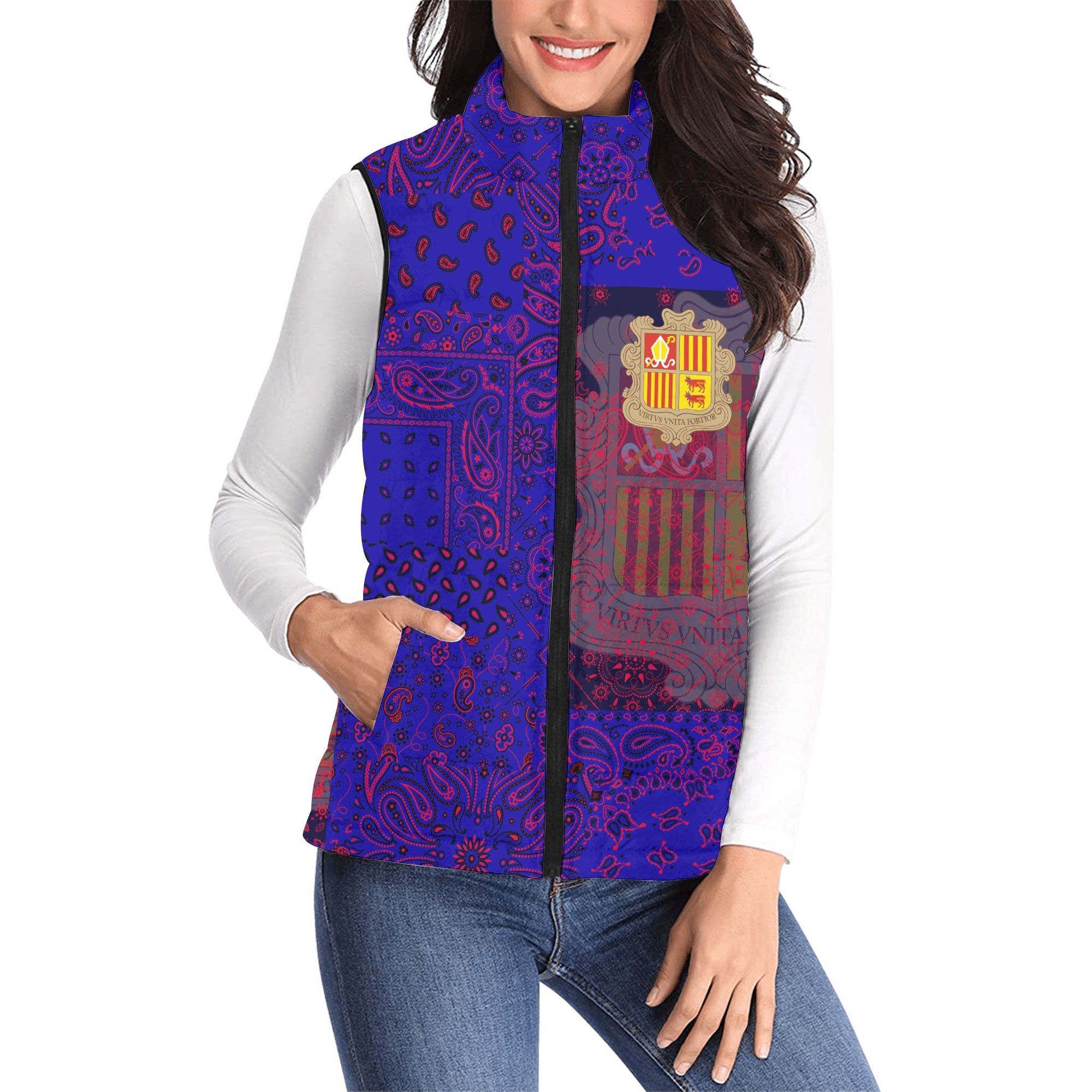 Andorra Women Padded Jacket Vest Paisley Flag And Skull Style 1