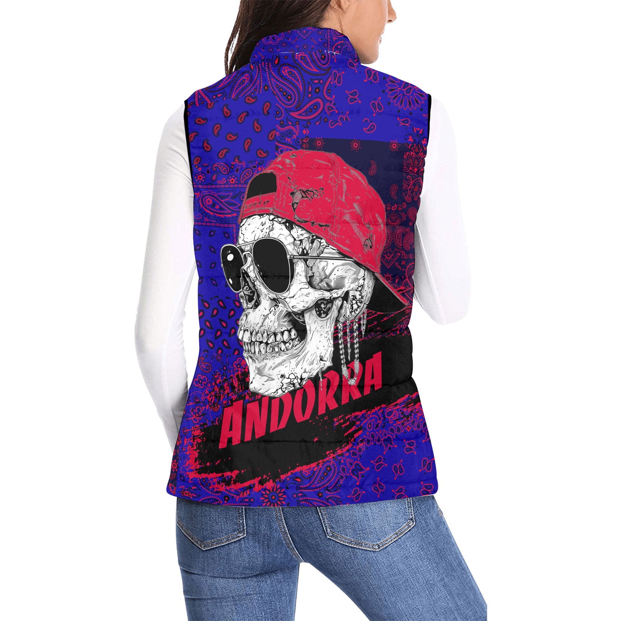 Andorra Women Padded Jacket Vest Paisley Flag And Skull Style 2