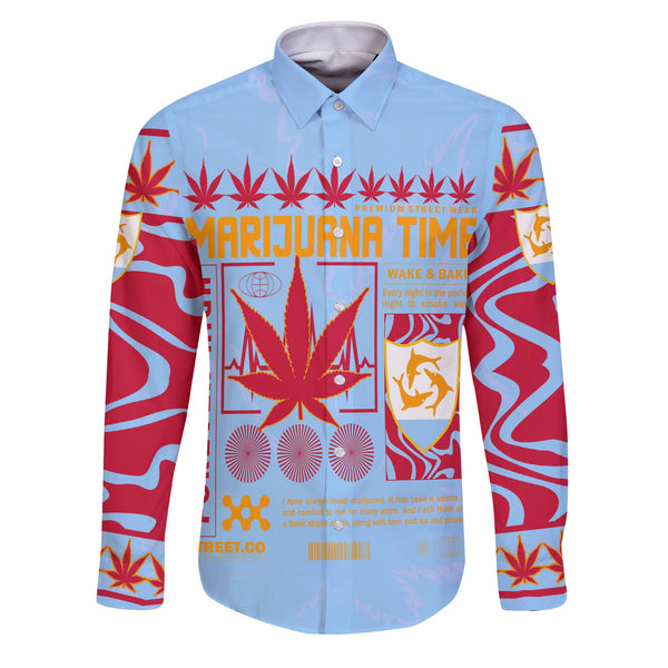 Anguilla Long Sleeve Button Shirt Flag & Coat Of Arms Marijuanas Style