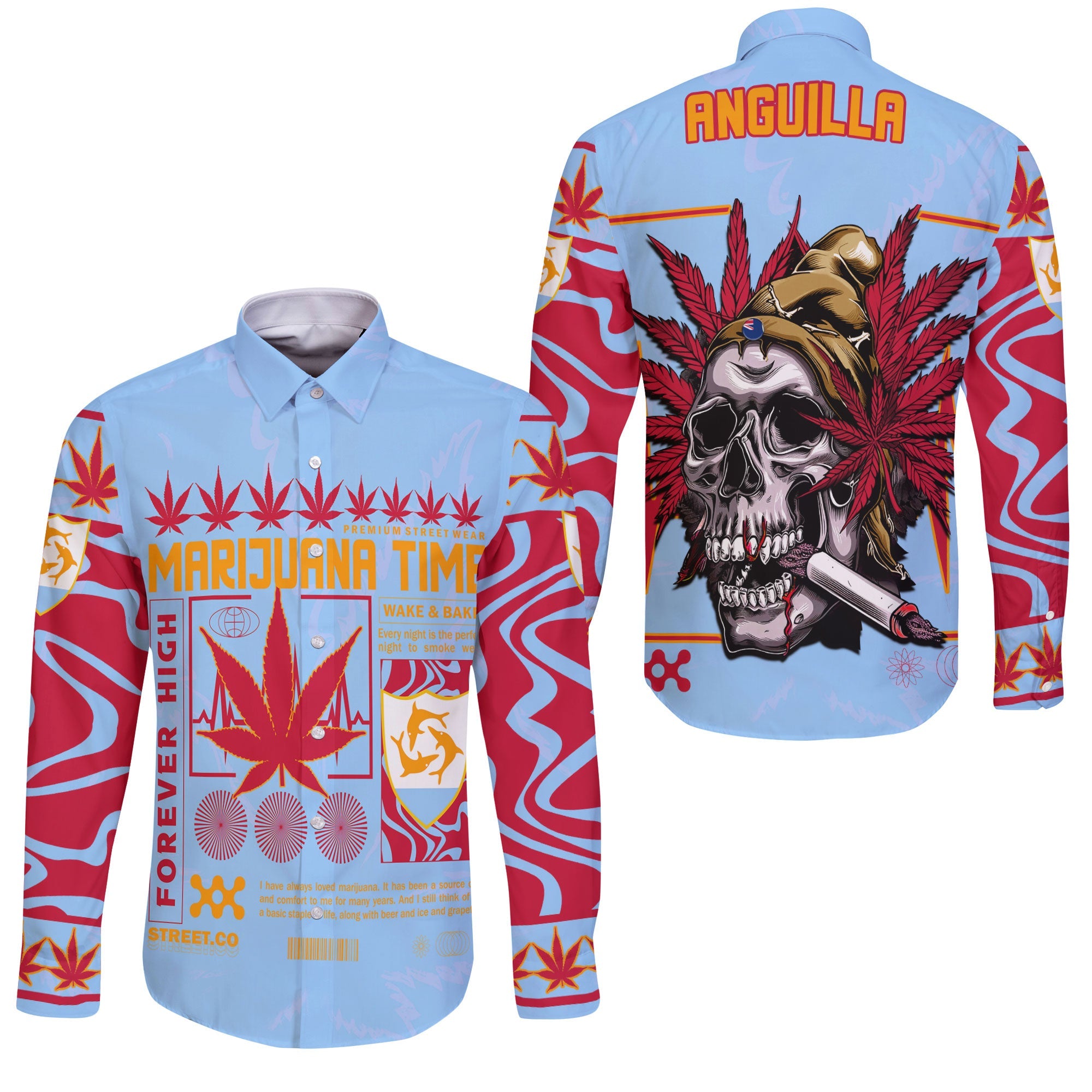 Anguilla Long Sleeve Button Shirt Flag & Coat Of Arms Marijuanas Style