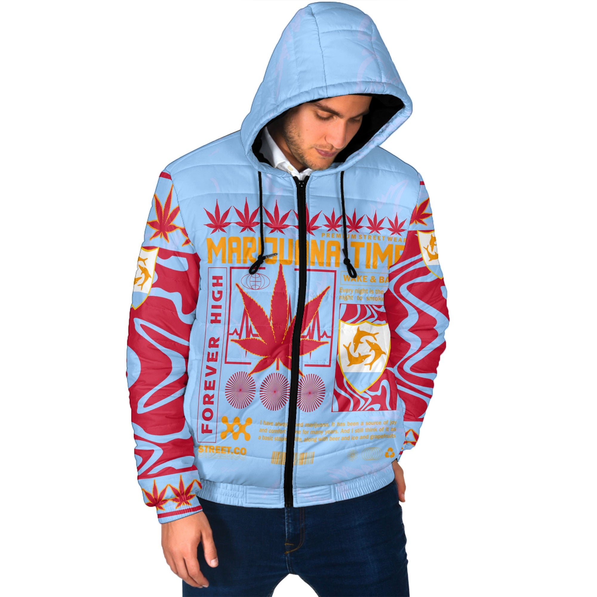 Anguilla Men Hooded Padded Jacket Flag & Coat Of Arms Marijuanas Style