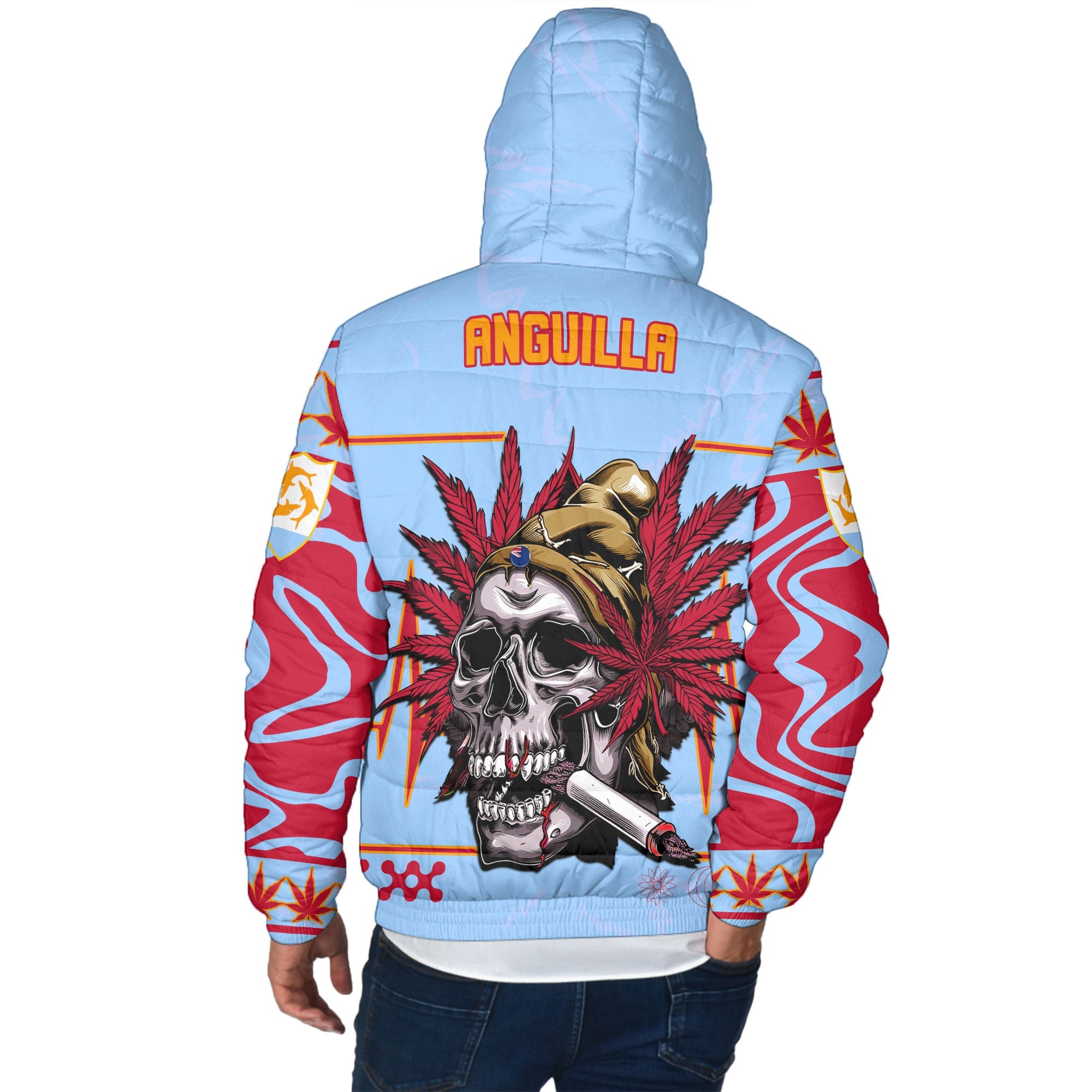 Anguilla Men Hooded Padded Jacket Flag & Coat Of Arms Marijuanas Style