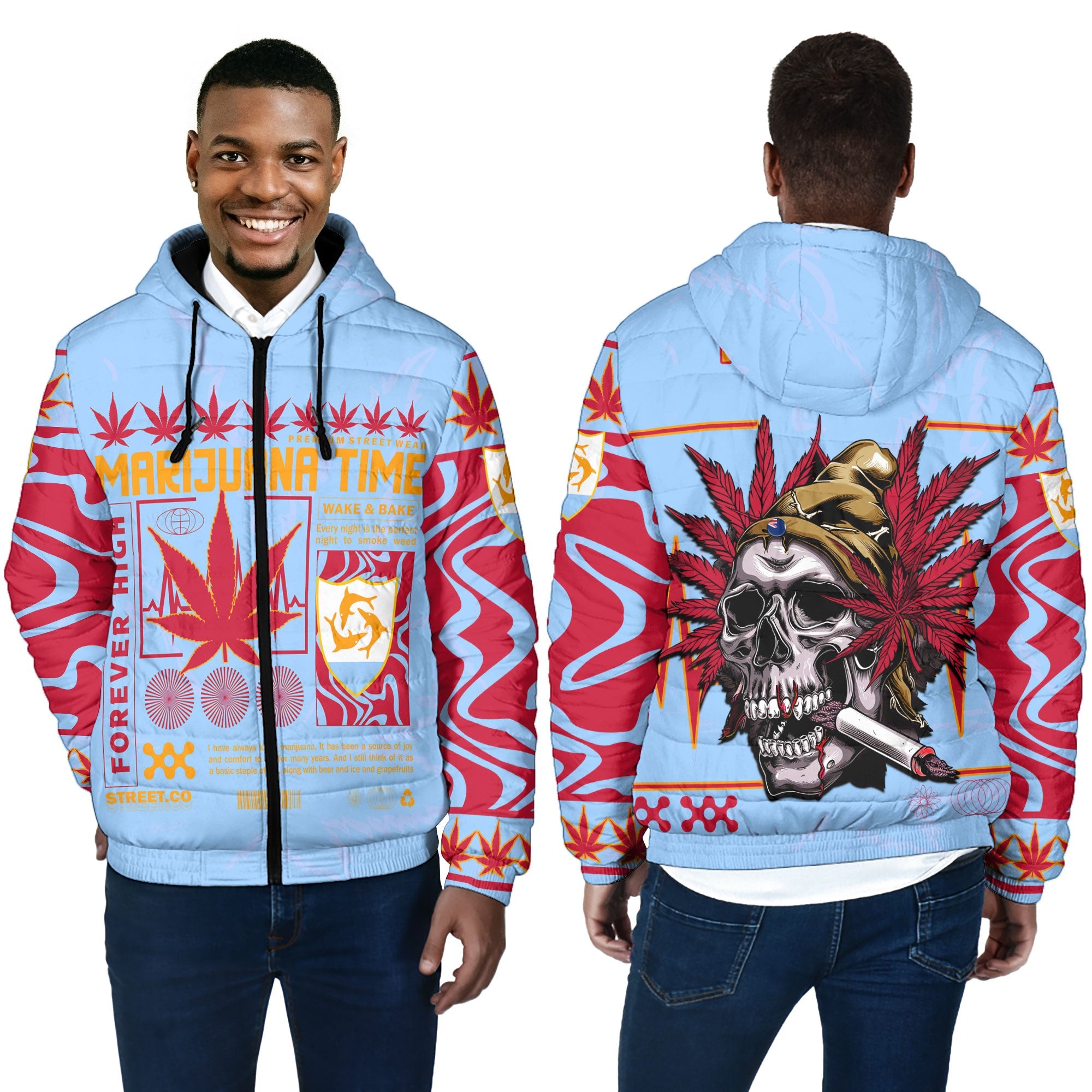 Anguilla Men Hooded Padded Jacket Flag & Coat Of Arms Marijuanas Style