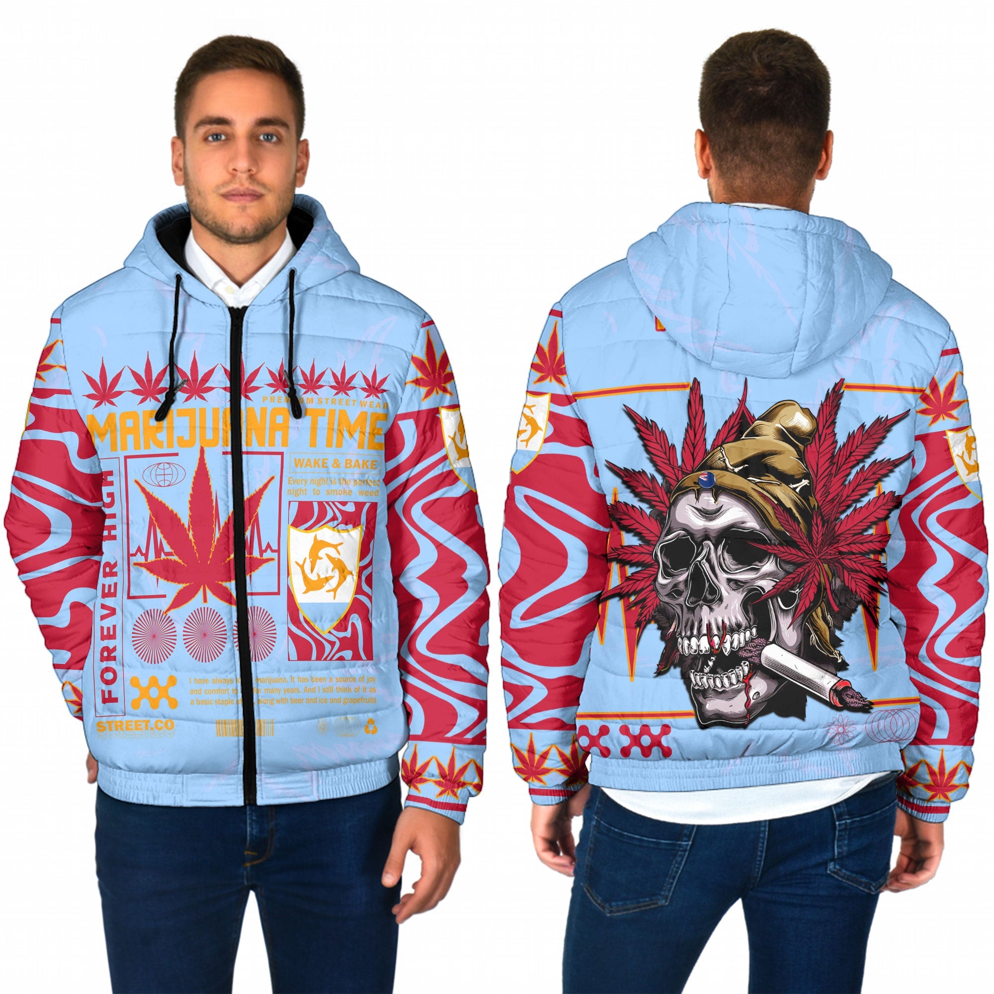 Anguilla Men Hooded Padded Jacket Flag & Coat Of Arms Marijuanas Style