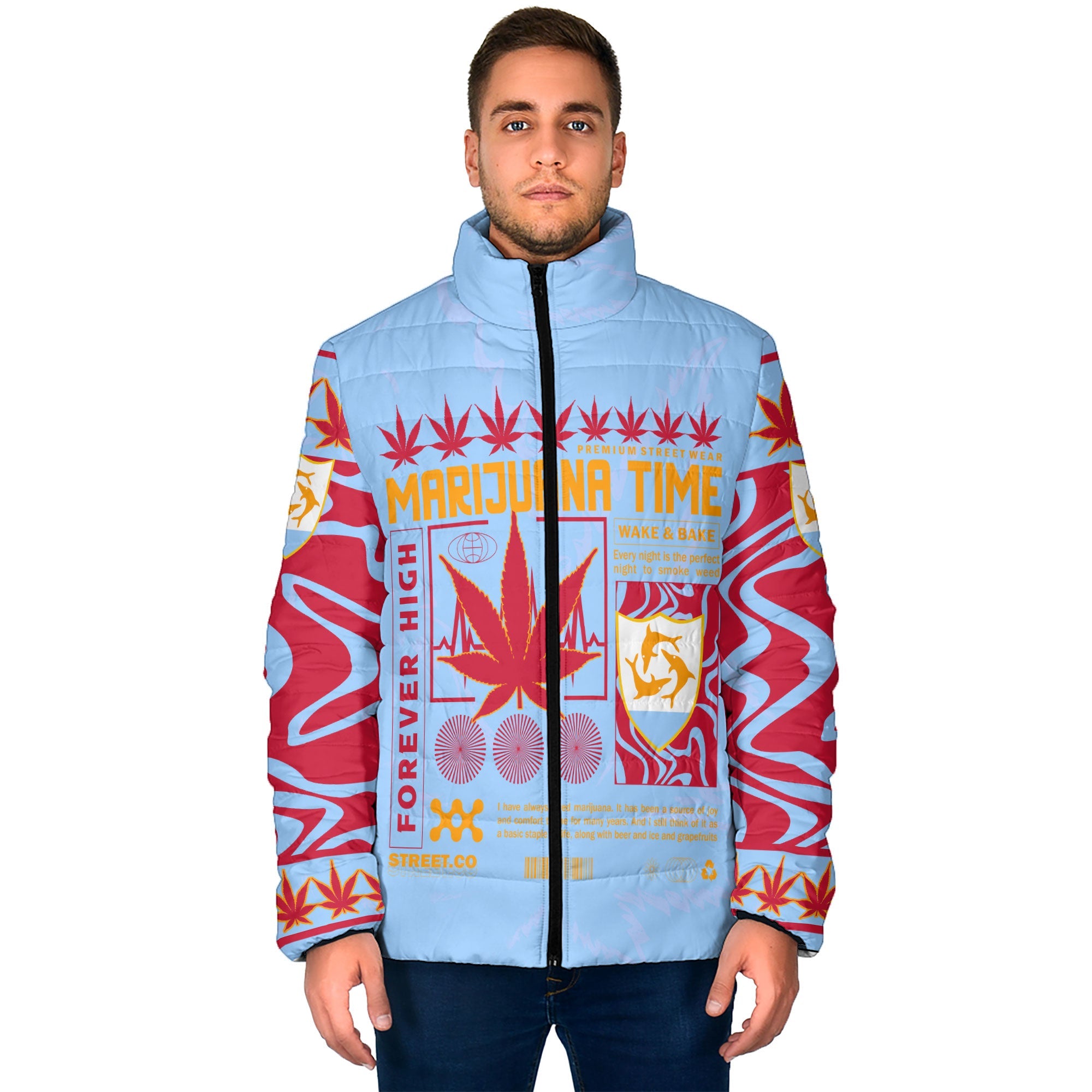 Anguilla Men Padded Jacket Flag & Coat Of Arms Marijuanas Style