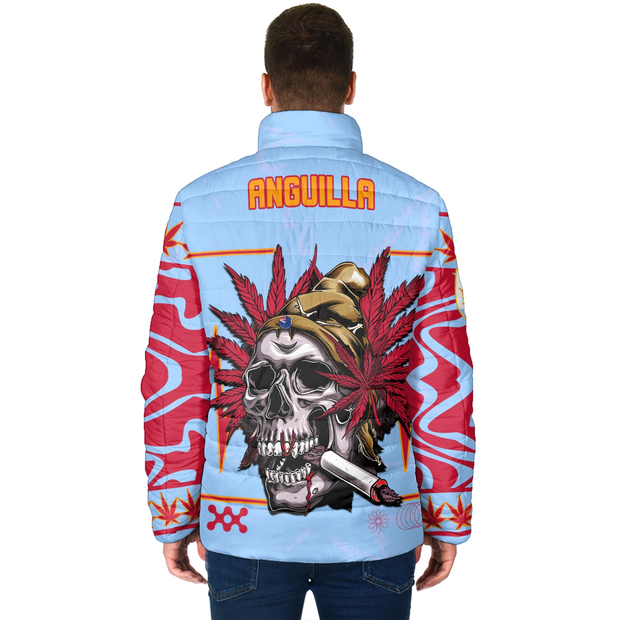 Anguilla Men Padded Jacket Flag & Coat Of Arms Marijuanas Style