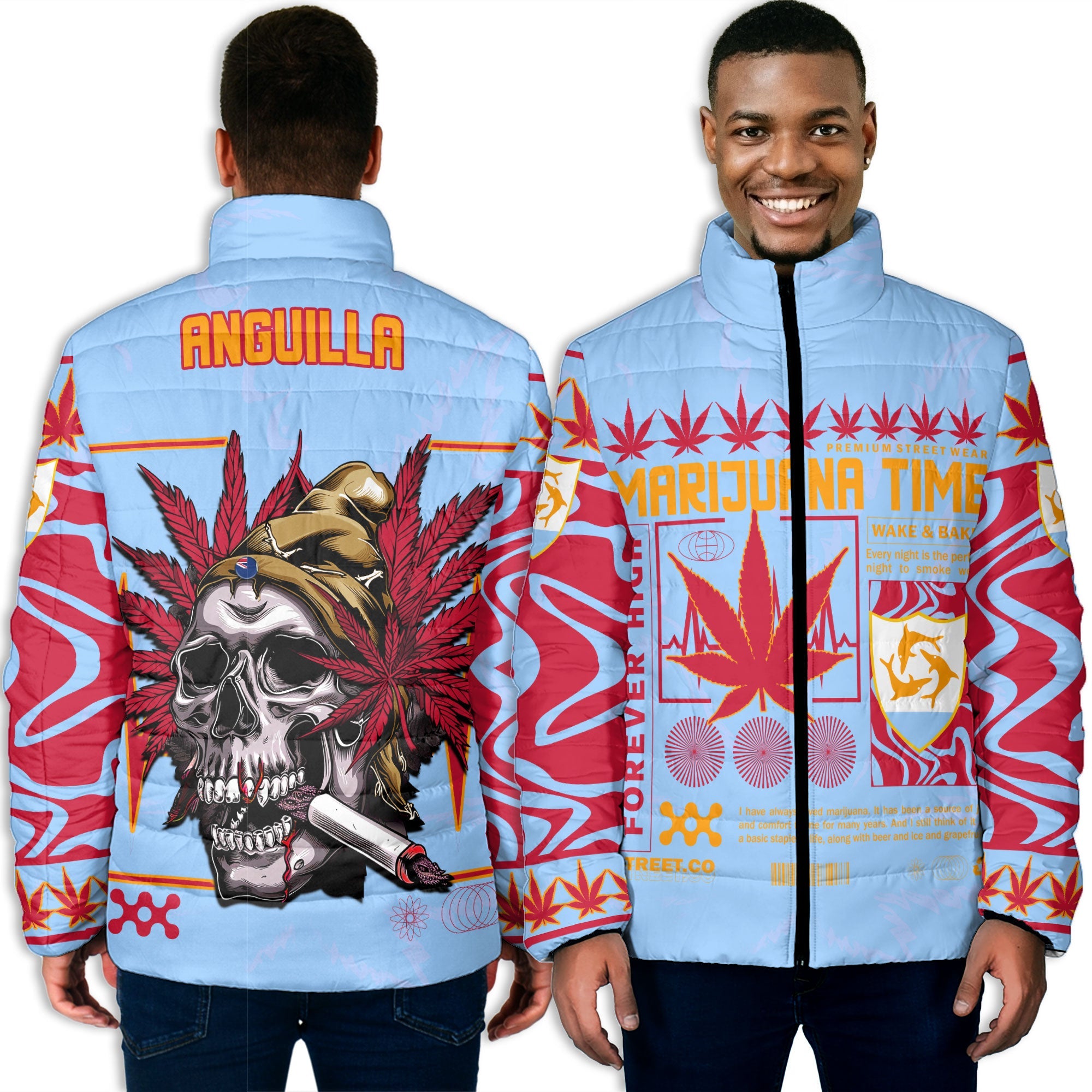 Anguilla Men Padded Jacket Flag & Coat Of Arms Marijuanas Style