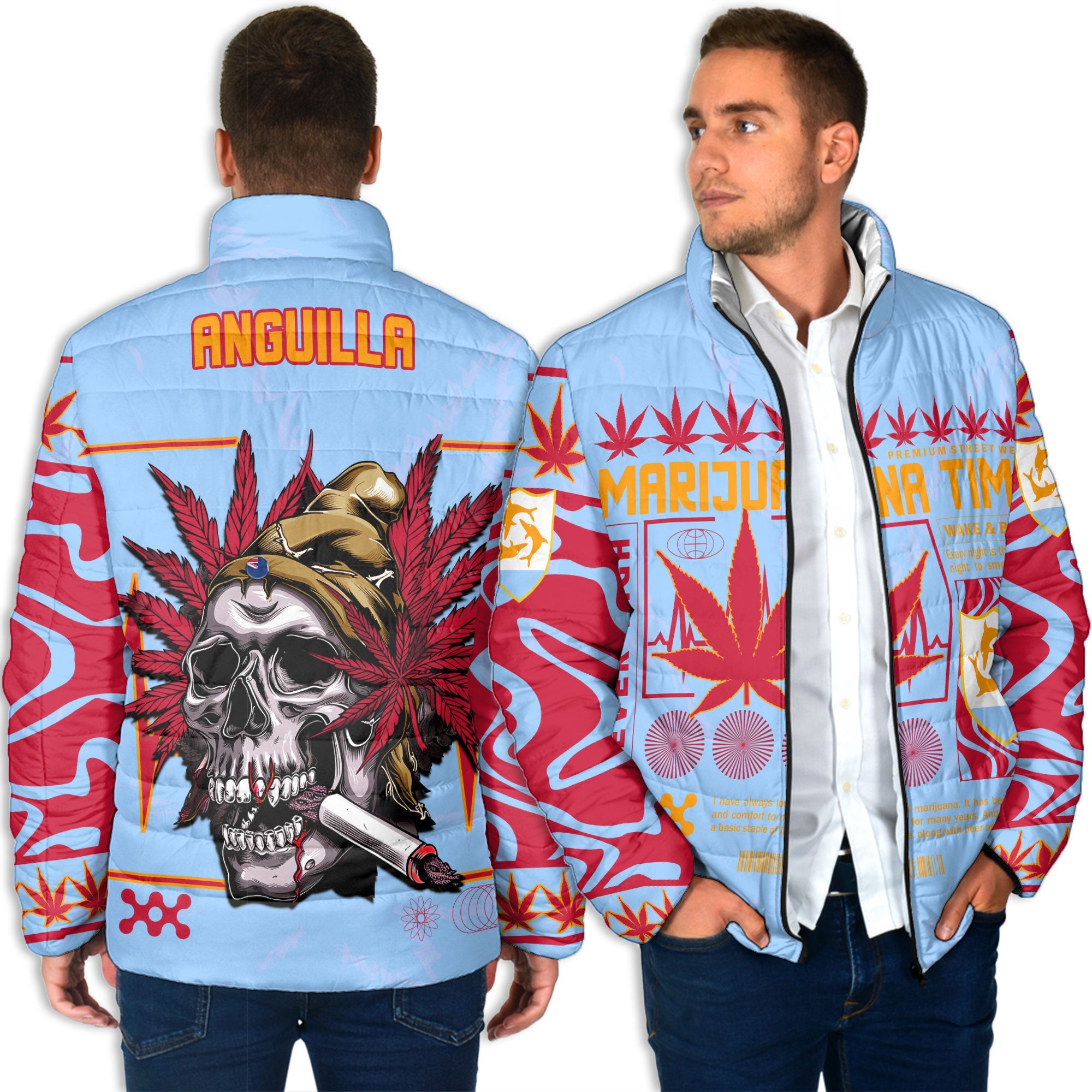 Anguilla Men Padded Jacket Flag & Coat Of Arms Marijuanas Style