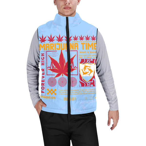 Anguilla Men Padded Jacket Vest Flag & Coat Of Arms Marijuanas Style