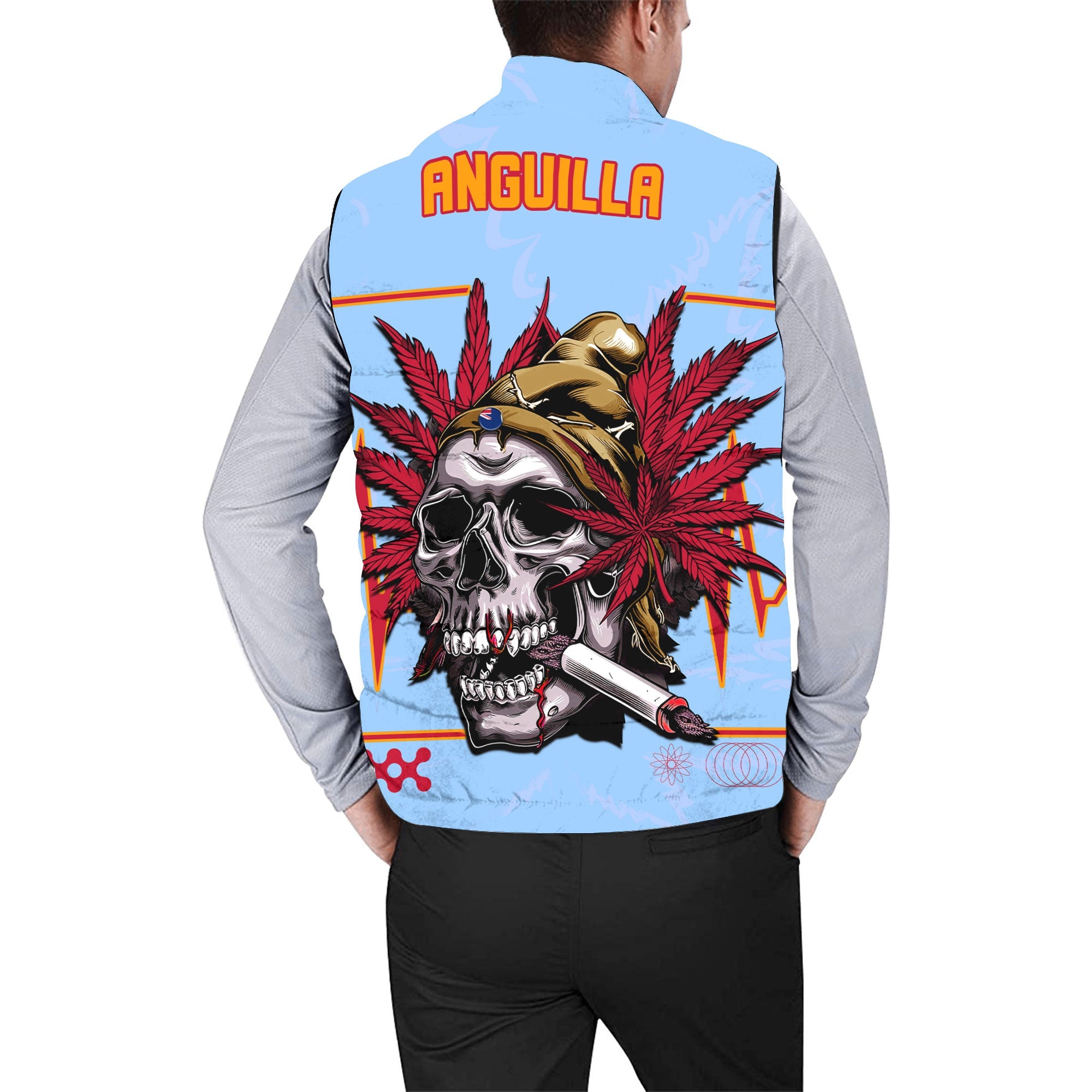 Anguilla Men Padded Jacket Vest Flag & Coat Of Arms Marijuanas Style