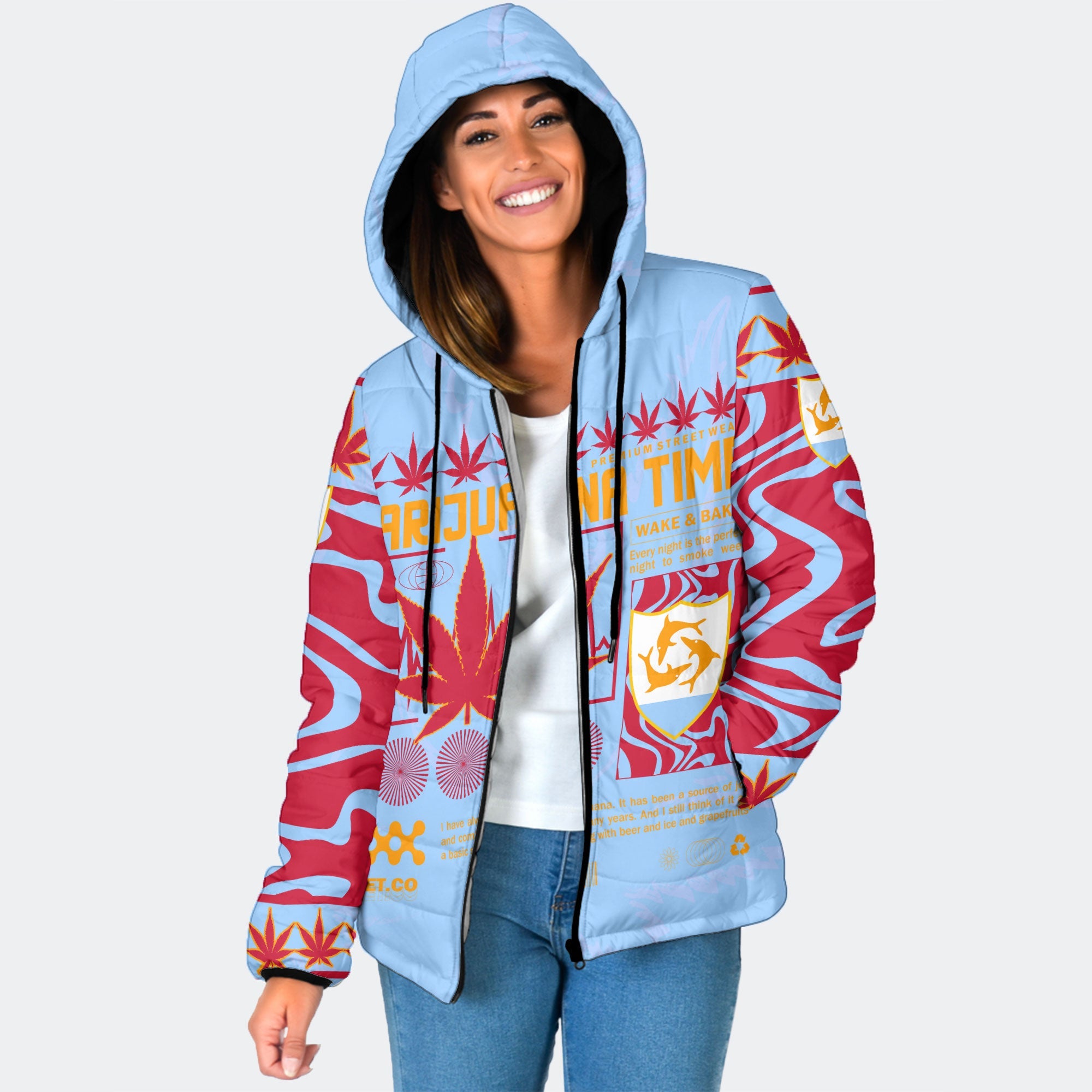 Anguilla Women Hooded Padded Jacket Flag & Coat Of Arms Marijuanas Style