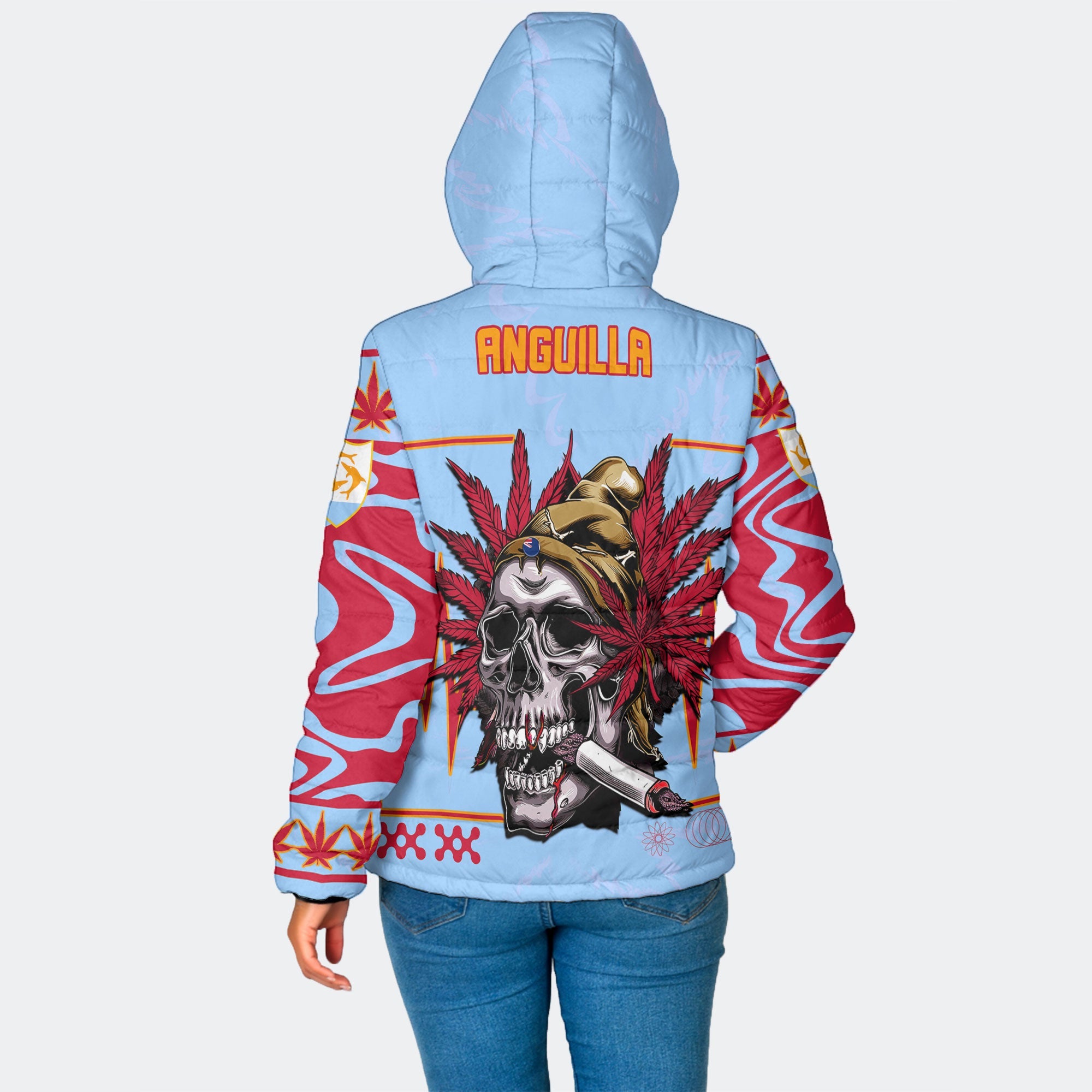 Anguilla Women Hooded Padded Jacket Flag & Coat Of Arms Marijuanas Style