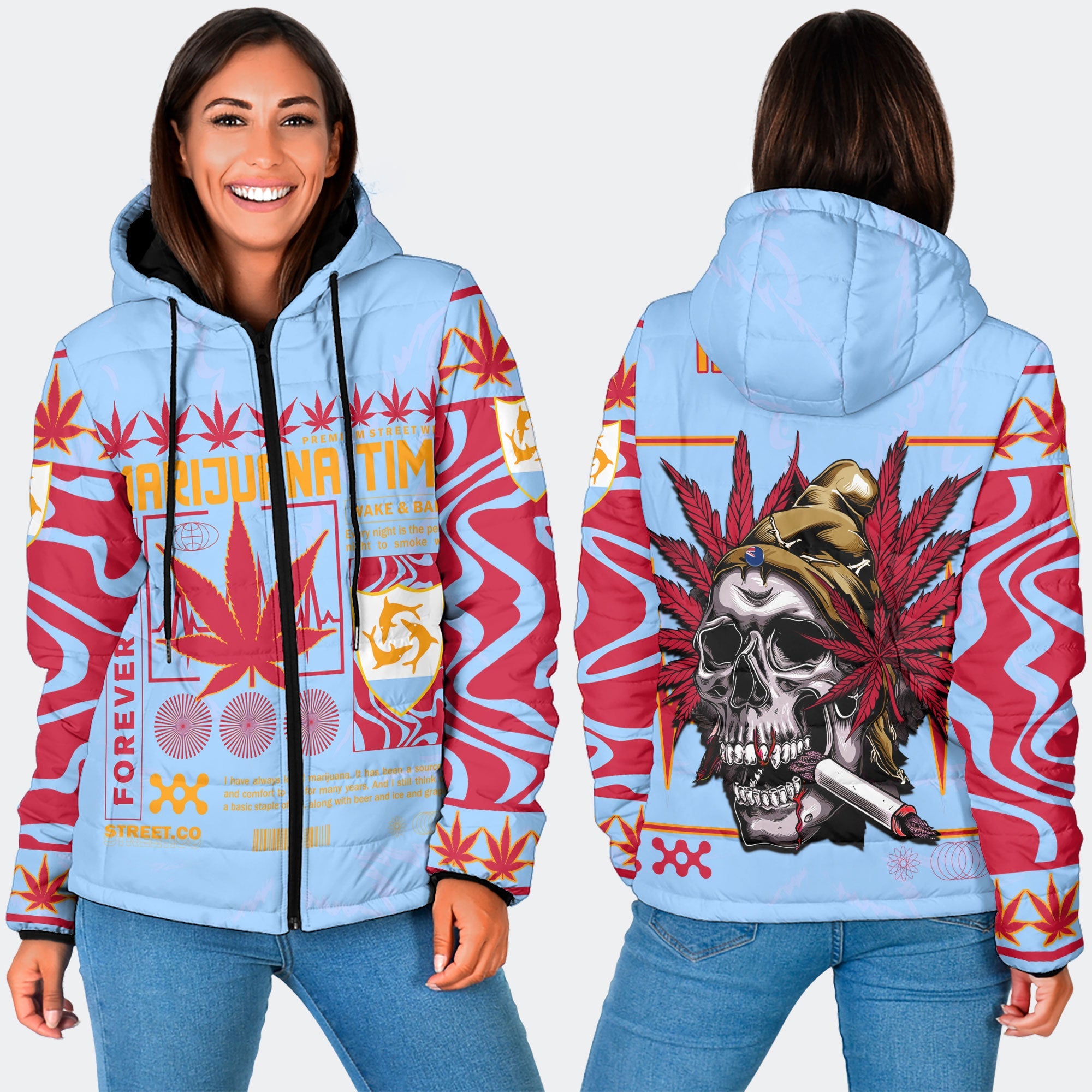 Anguilla Women Hooded Padded Jacket Flag & Coat Of Arms Marijuanas Style