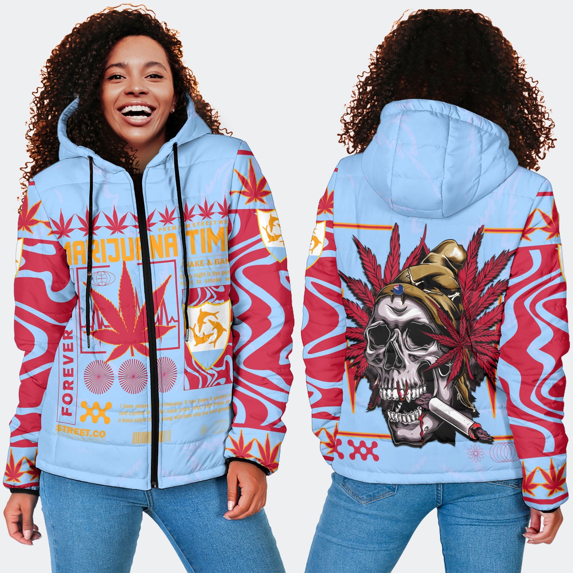 Anguilla Women Hooded Padded Jacket Flag & Coat Of Arms Marijuanas Style